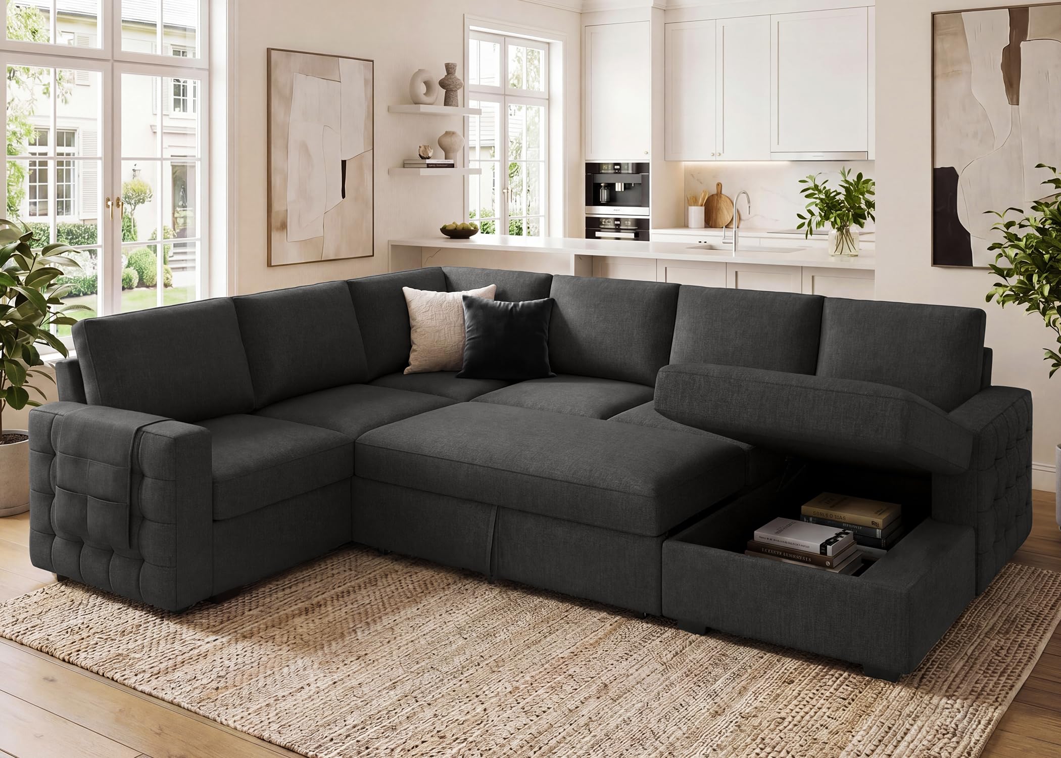 HONBAY Sectional Sleeper Sofa with Pull Out Bed U-Shape Sectional Couch Sleeper Bed with Storage Chaise 6 Seater Sleeper Sectional Sofa, Light Grey Gronata