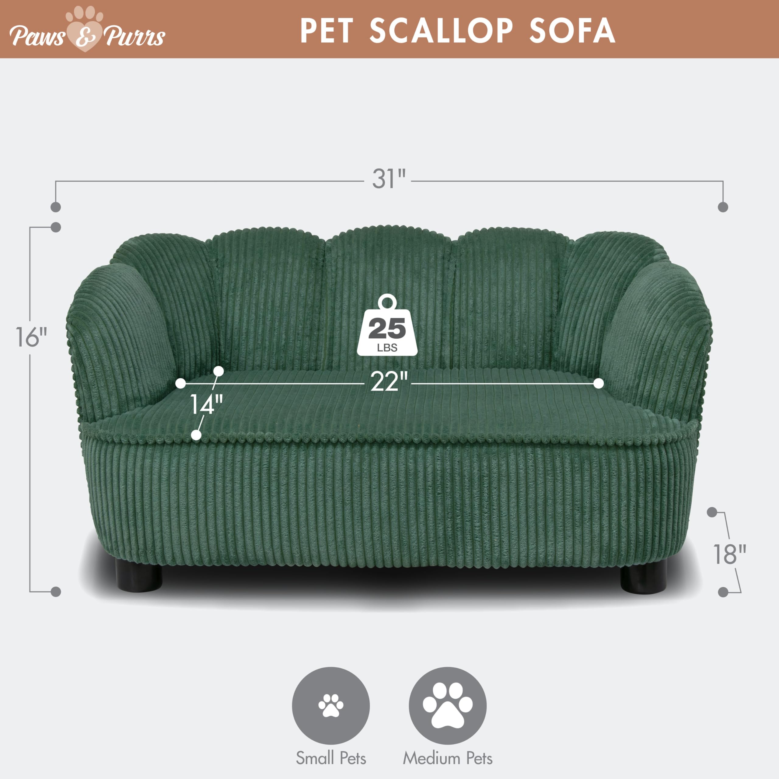 Paws & Purrs Retro Scalloped Back Sofa Style Pet Bed, Dog & Cat Couch with Tufted Cushion & Armrest, Stylish Indoor Pet Furniture, Sage Gronata