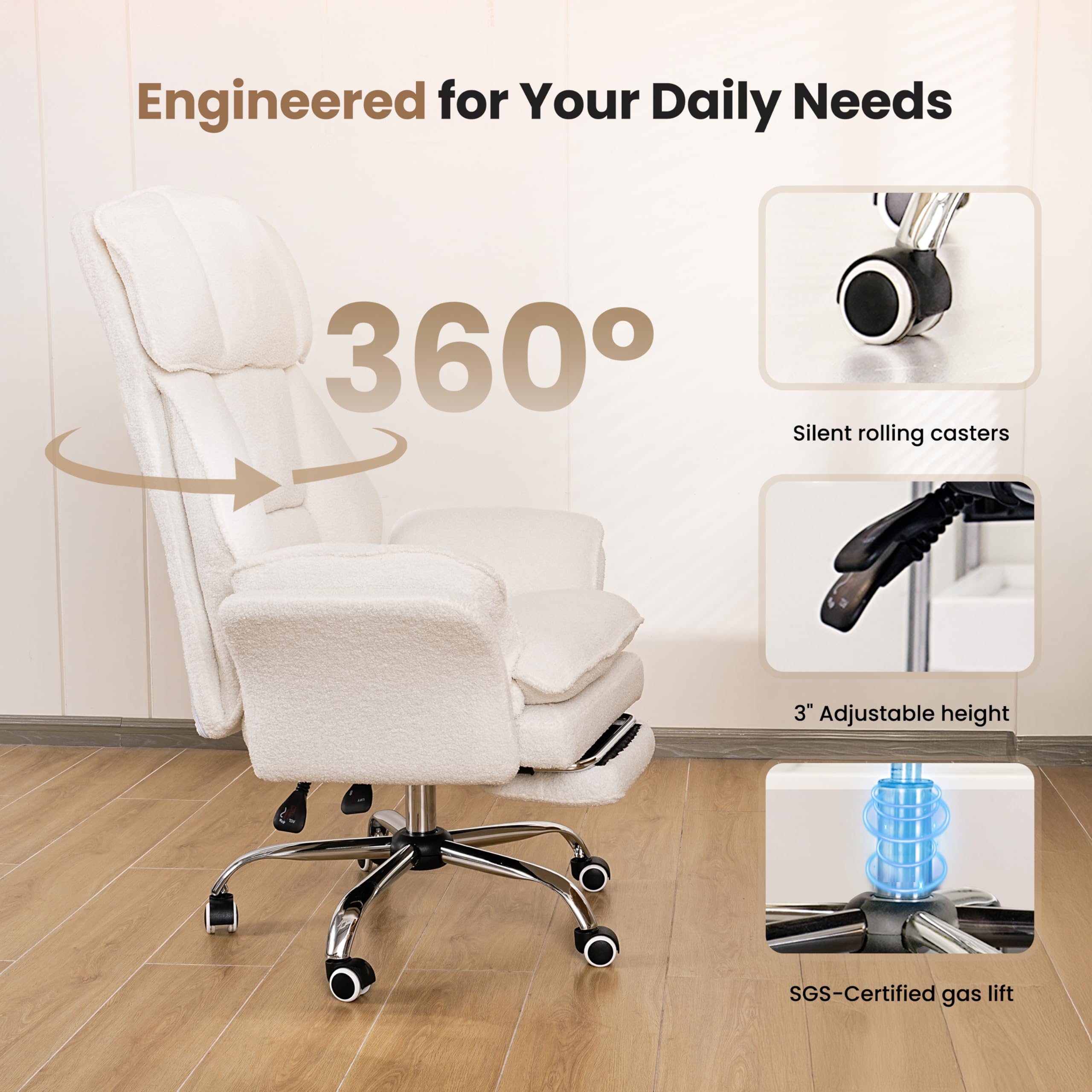 Big and Tall Office Chair, Flip Armrests for Pets & Cross Legged Sitting, Executive Ergonomic Computer Gaming Chair with Foot Rest, Teddy Fleece Wide Seat Reclining Desk Chair, White Vanity Chair Gronata