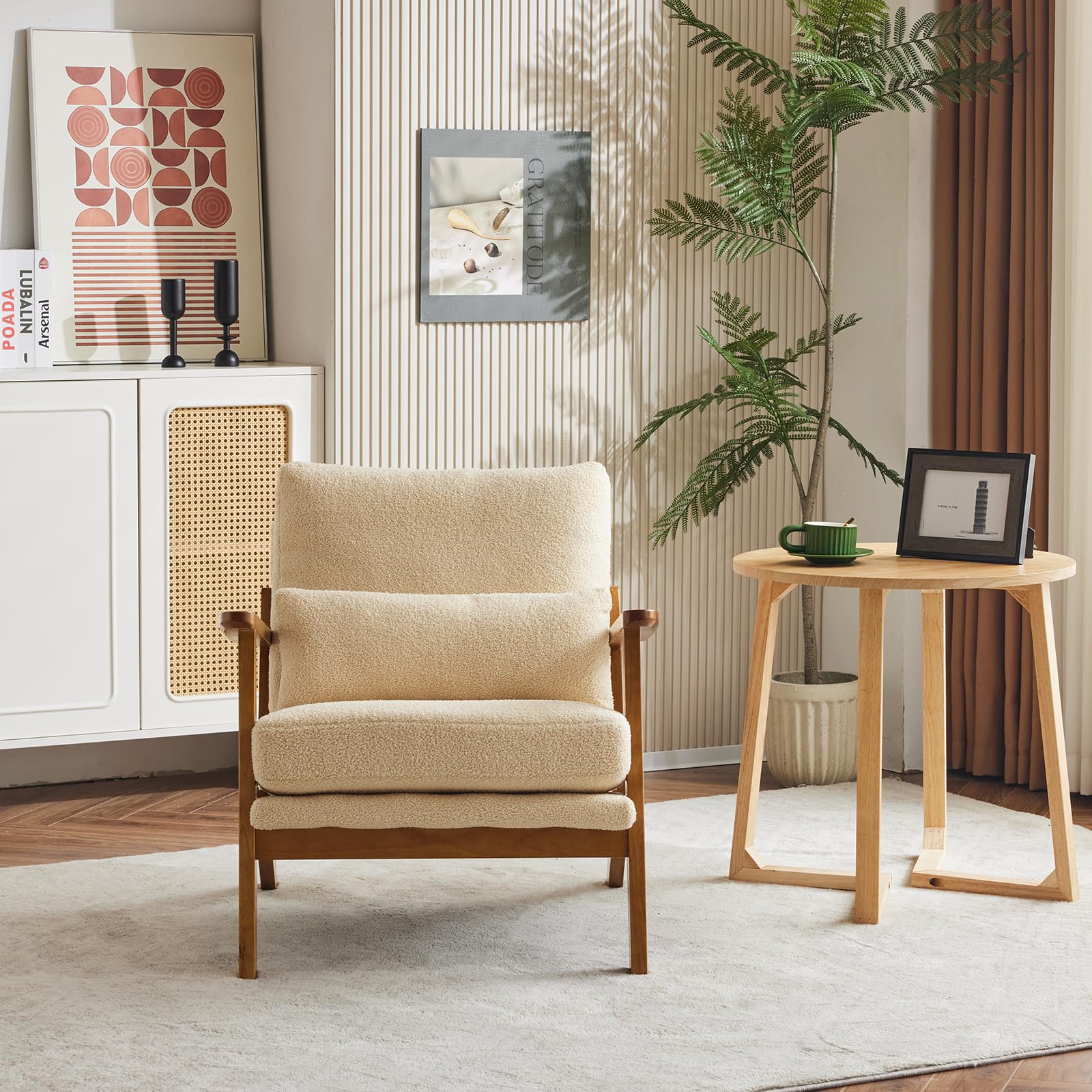 Karl home Accent Chair Wide Armrest Mid-Century Lounge Chair Linen Fabric Armchair with Lumbar Pillow & Solid Wood Frame for Living Room, Bedroom, Balcony, Green Gronata