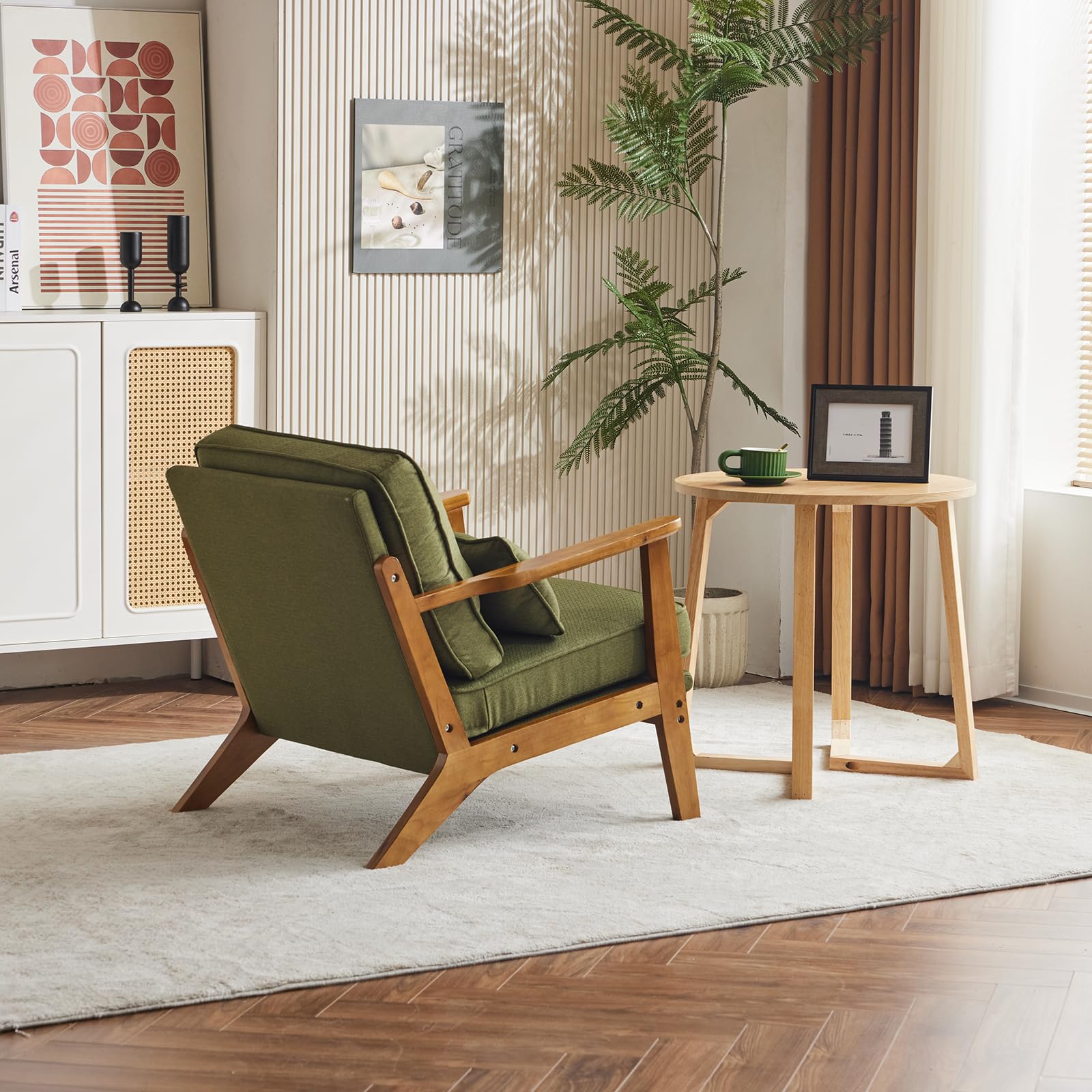 Karl home Accent Chair Wide Armrest Mid-Century Lounge Chair Linen Fabric Armchair with Lumbar Pillow & Solid Wood Frame for Living Room, Bedroom, Balcony, Green Gronata