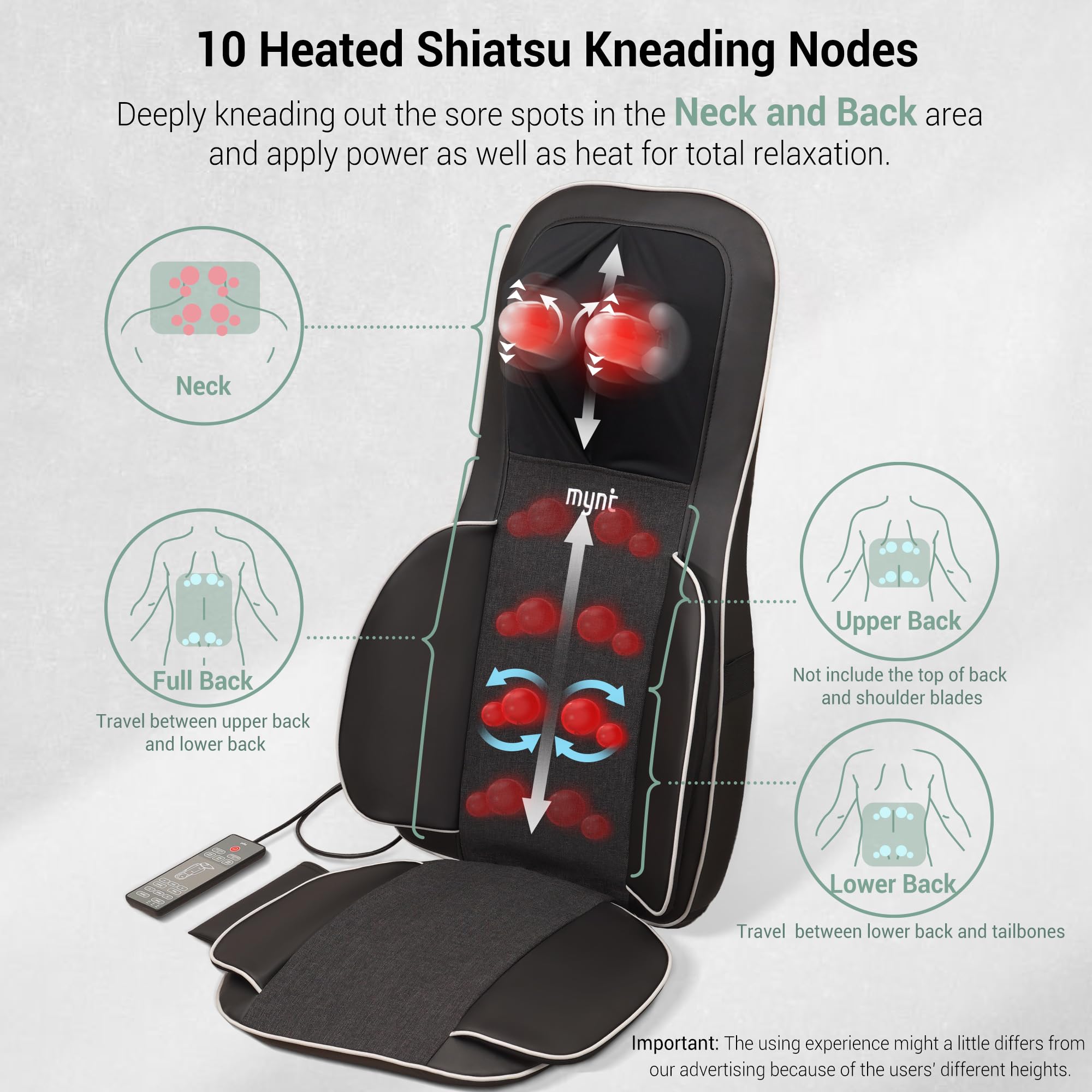 Mynt FSA Eligible HSA Approved Shiatsu Neck and Back Massager for Chair with 10 Deep Kneading Nodes, 2D & 3D Back Massage with Heat, Portable Spot Massage Chair Pad (Black) Gronata