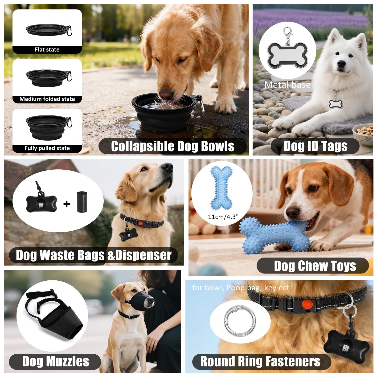 YXFDOYT No Pull Dog Harness Adjustable Collar & Leash Set - Dog Halter Harnesses Collapsible Bowls & Poop Bag Dispenser Muzzle ID Tags Toys Fits Small Medium Large Dogs (Pink-L) Gronata