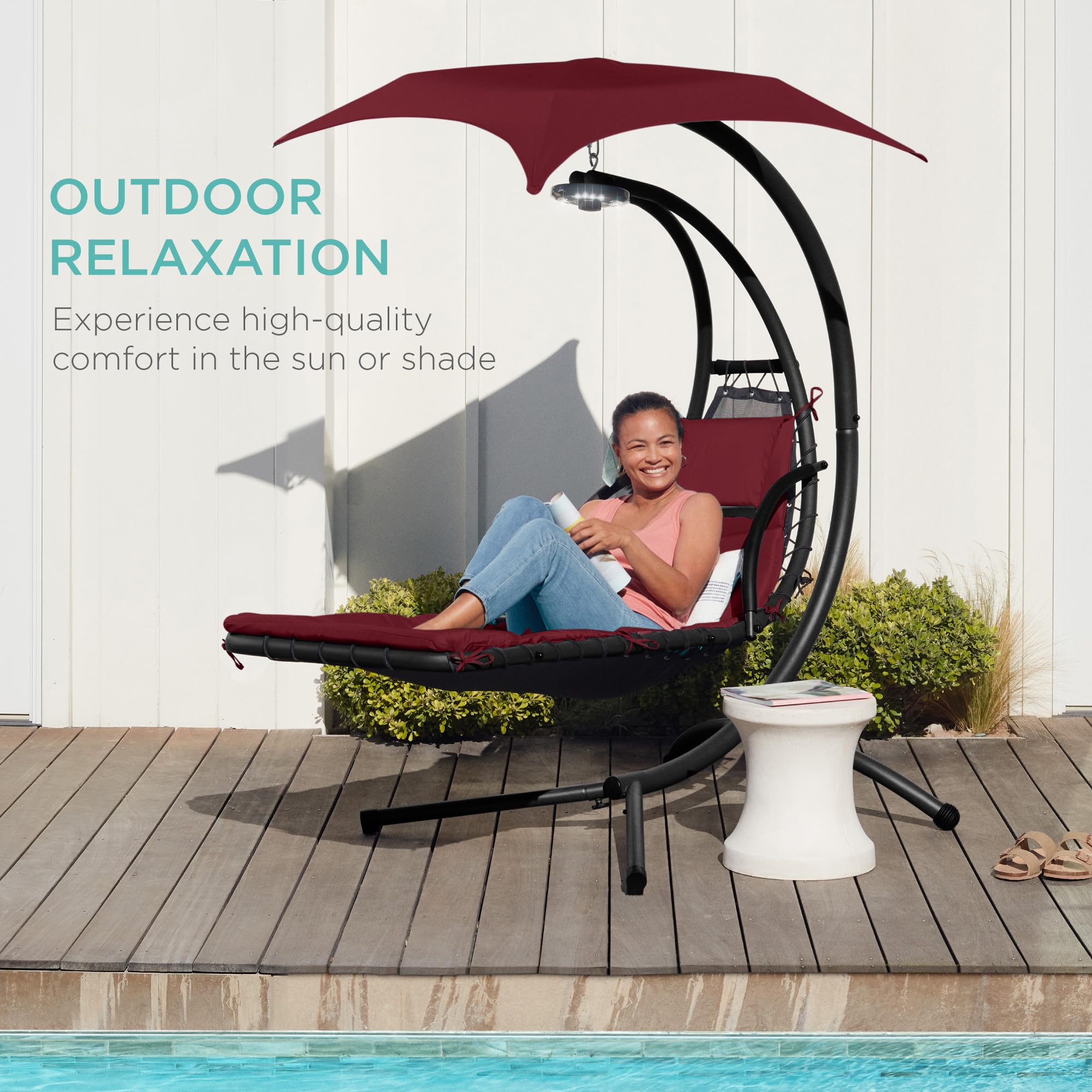 Best Choice Products Outdoor Hanging Curved Steel Chaise Lounge Chair Swing w/Built-in Pillow and Removable Canopy - Navy Blue Gronata