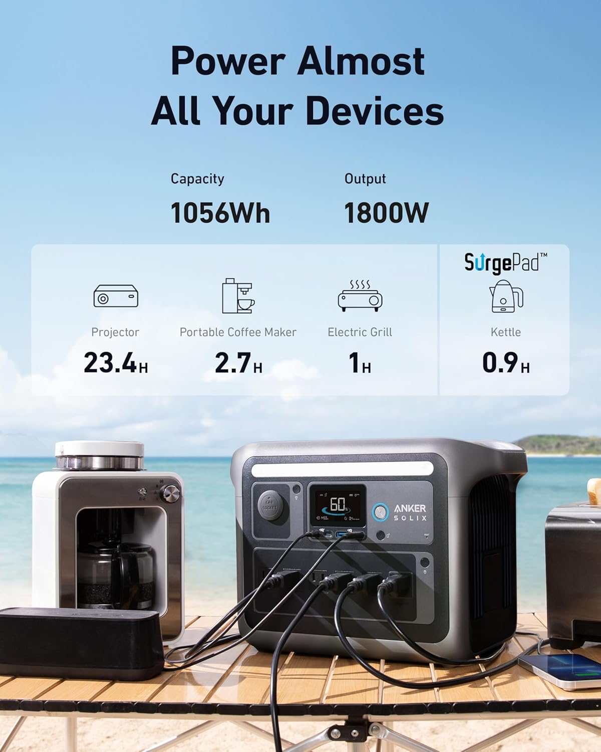 Anker SOLIX C1000 Portable Power Station with 100W Solar Panel, 1800W Solar Generator, 1056wh LFP (LiFePO4) Battery, 6 AC Outlets, Up to 2400W for Home, Power Outages, and Outdoor Camping Gronata