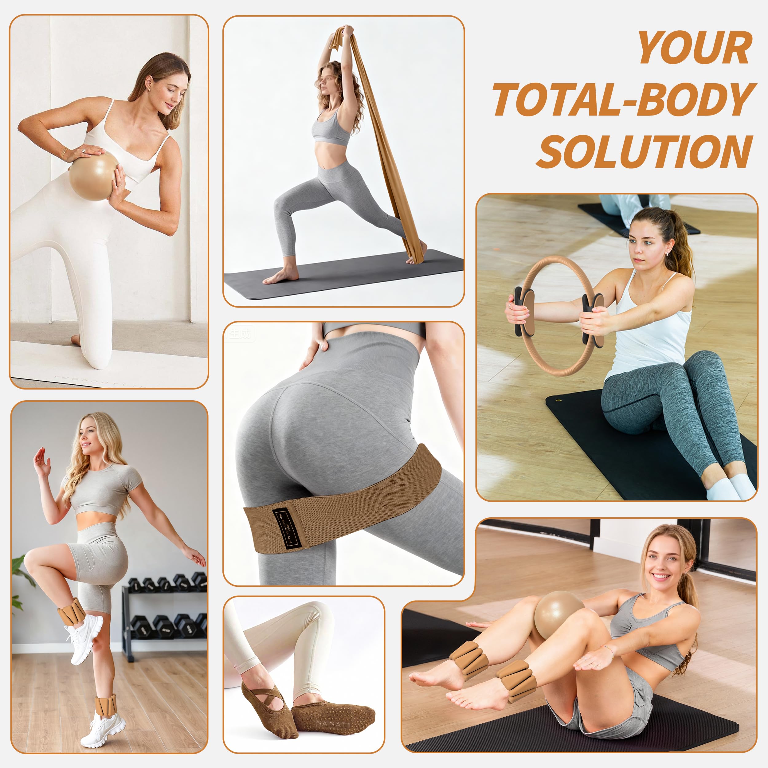 NANATI Pilates Kit 19PCS,Pilates Essentials Kit for Women,Pilates Equipment with 14.5" Pilates Ring and Ball,8 Resistance Bands,Ankle Weights,Sliders & Grip Socks Accessories for Starter Home Workouts Gronata