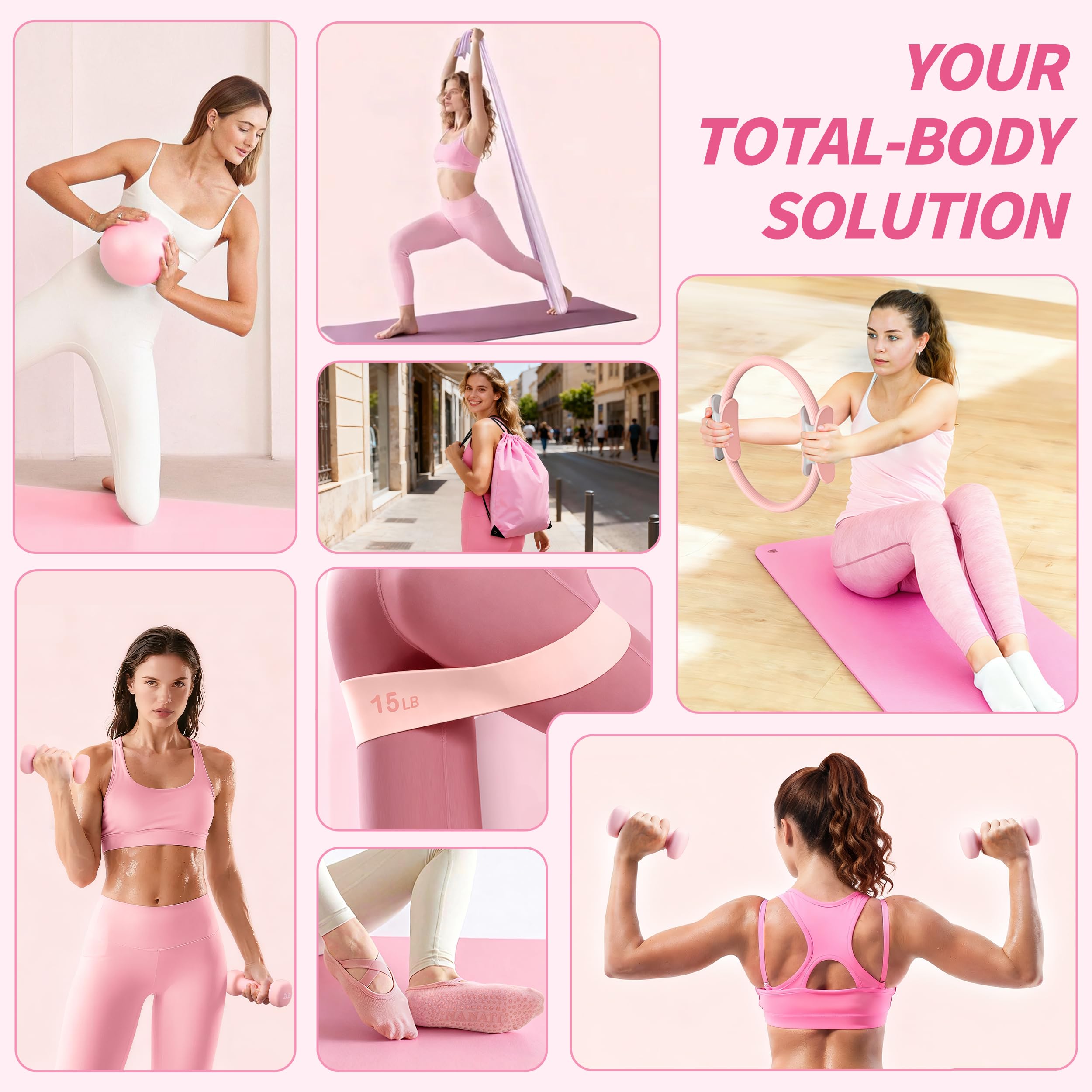 NANATI Pilates Kit 19PCS,Pilates Essentials Kit for Women,Pilates Equipment with 14.5" Pilates Ring and Ball,8 Resistance Bands,Ankle Weights,Sliders & Grip Socks Accessories for Starter Home Workouts Gronata