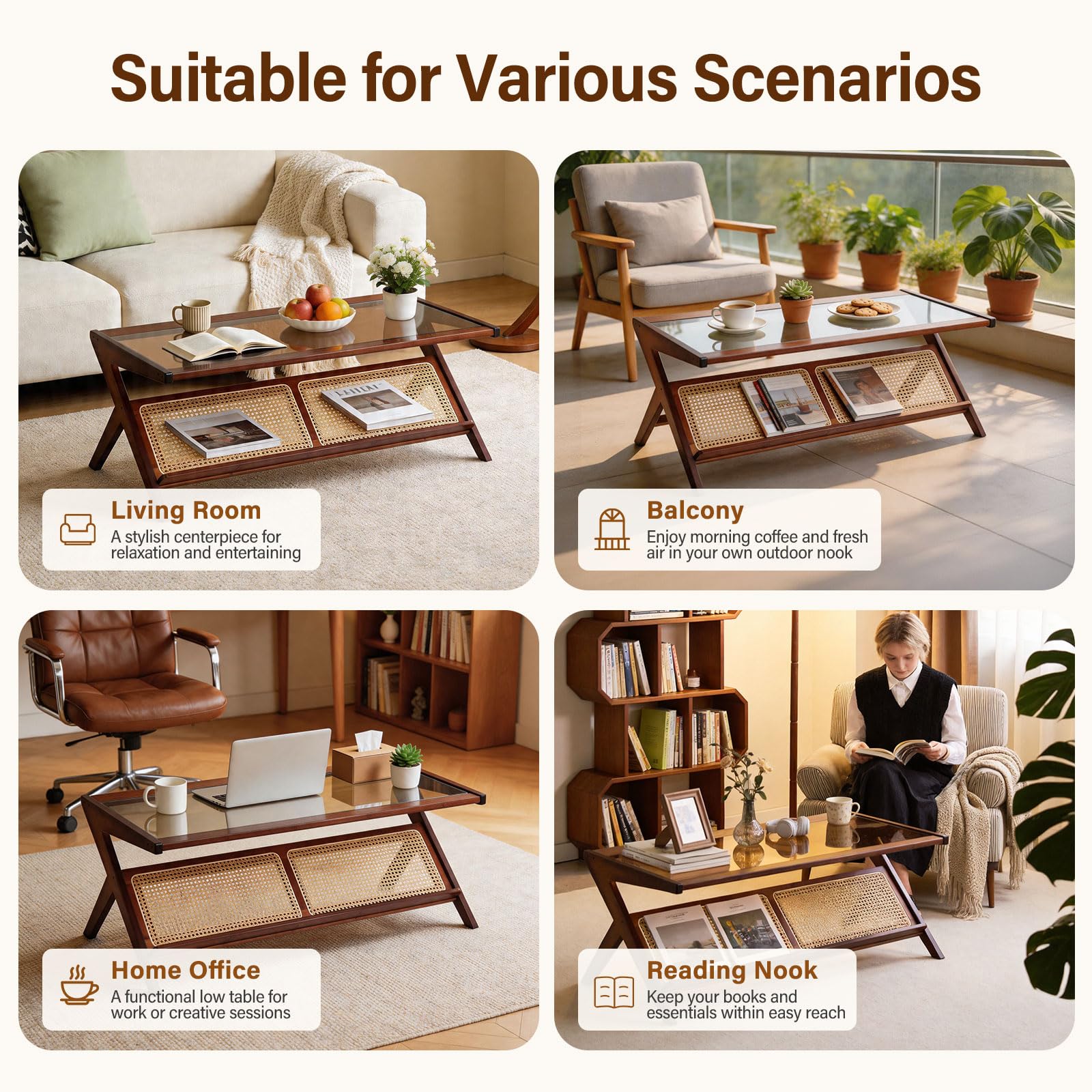 Tiita Rattan Coffee Table, Bamboo Accent Bedside Tables, Glass Nightstand Side Table, Boho Wooden End Table with Storage for Living Room,Living Room, Dining Room, Tea, Home Décor Gronata