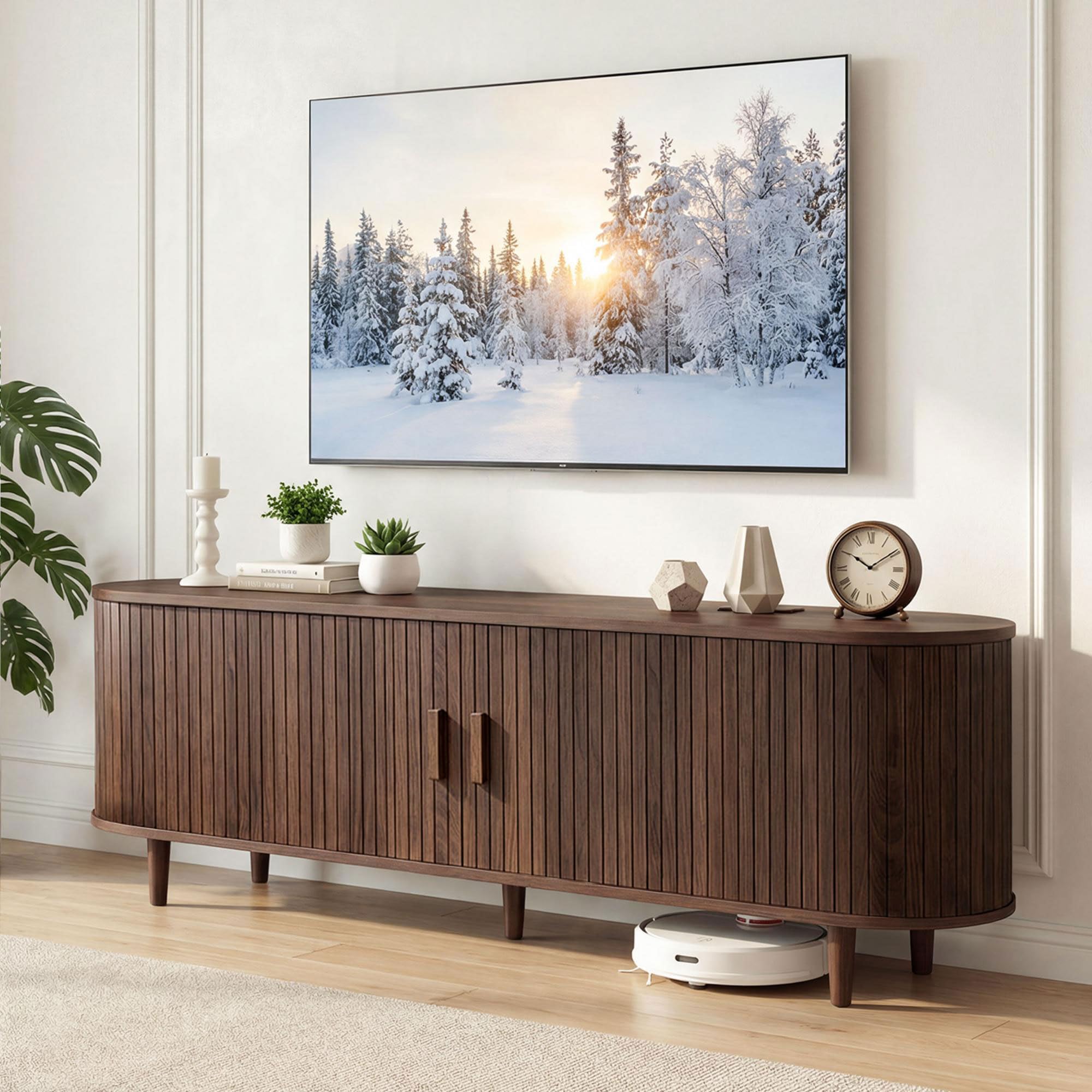 OneBlis 70" Mid Century Modern TV Stand, Wood TV Consoles with Sliding Doors and Power Outlet, Entertainment Center with Adjustable Shelves, Fluted TV Stands for Living Room, Walnut Gronata
