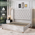 Jocisland Queen Size Bed Frame 61.4" Extra Tall Wingback Headboard Velvet Upholstered Deep Button Tufted Platform Bed with Solid Wood Legs & Wood Slats, No Box Spring Needed, Black Gronata