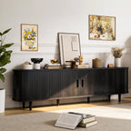 OneBlis 70" Mid Century Modern TV Stand, Wood TV Consoles with Sliding Doors and Power Outlet, Entertainment Center with Adjustable Shelves, Fluted TV Stands for Living Room, Walnut Gronata