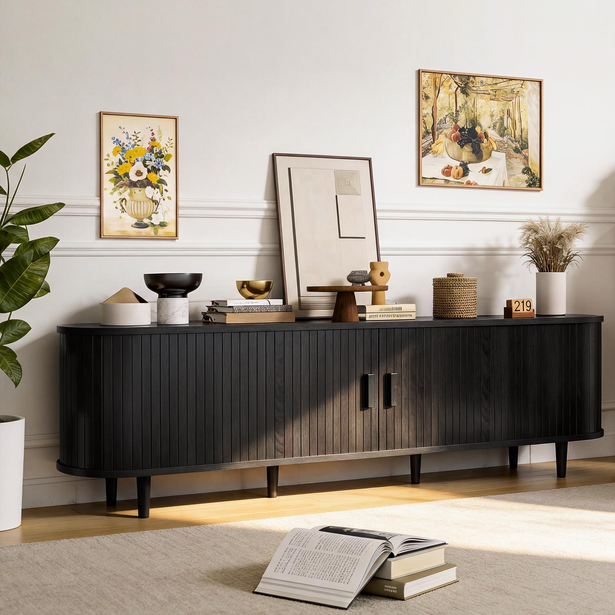 OneBlis 70" Mid Century Modern TV Stand, Wood TV Consoles with Sliding Doors and Power Outlet, Entertainment Center with Adjustable Shelves, Fluted TV Stands for Living Room, Walnut Gronata