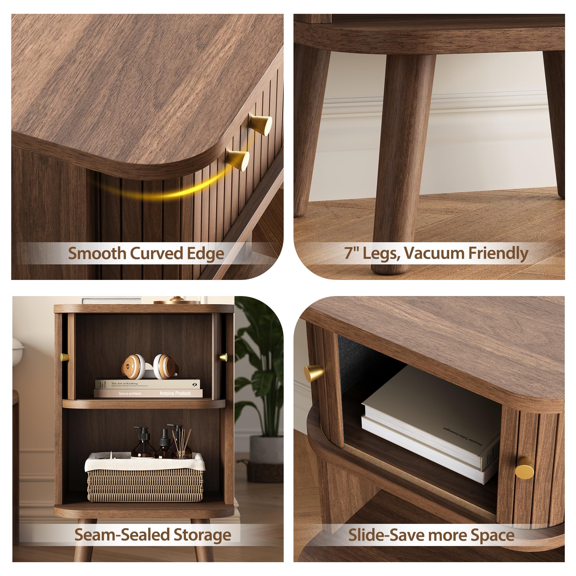 Decofy Fluted Nightstand Set of 2, Mid Century Modern Bedside Table with Charging Station, Walnut End Tables with Sliding Tambour Doors, Storage Cabinet and Open Shelf for Bedroom, Walnut Gronata