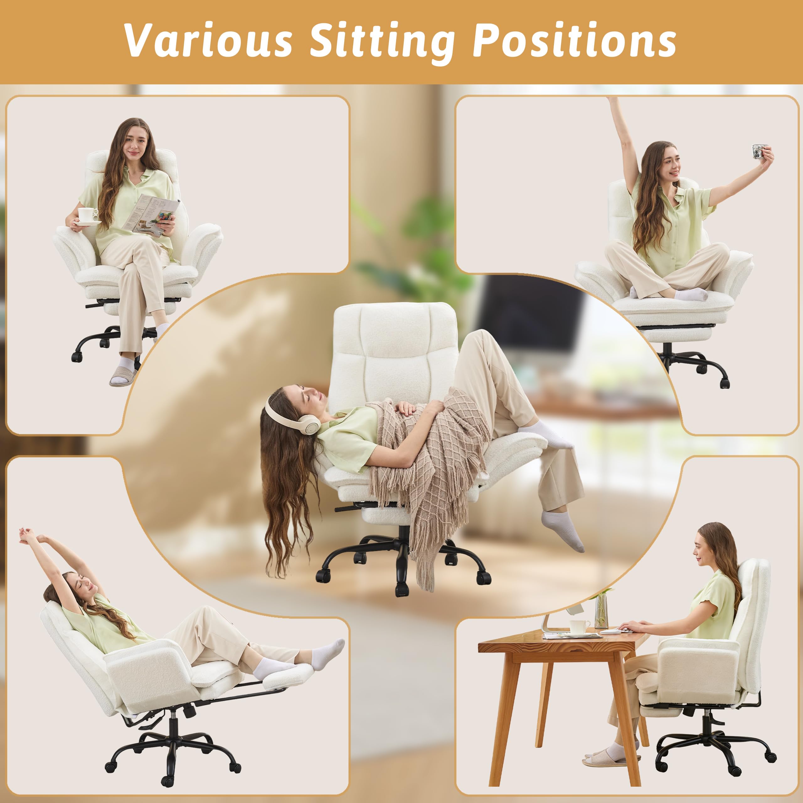 Office Chair,Big and Tall Heavy-Duty Executive Reclining Computer Gaming Chair with Footrest,Flip Armrests,Lumbar Pillow&Thicken Wider Seat for Criss Cross Legged Desk Vanity Chair,Teddy Fabric White Gronata