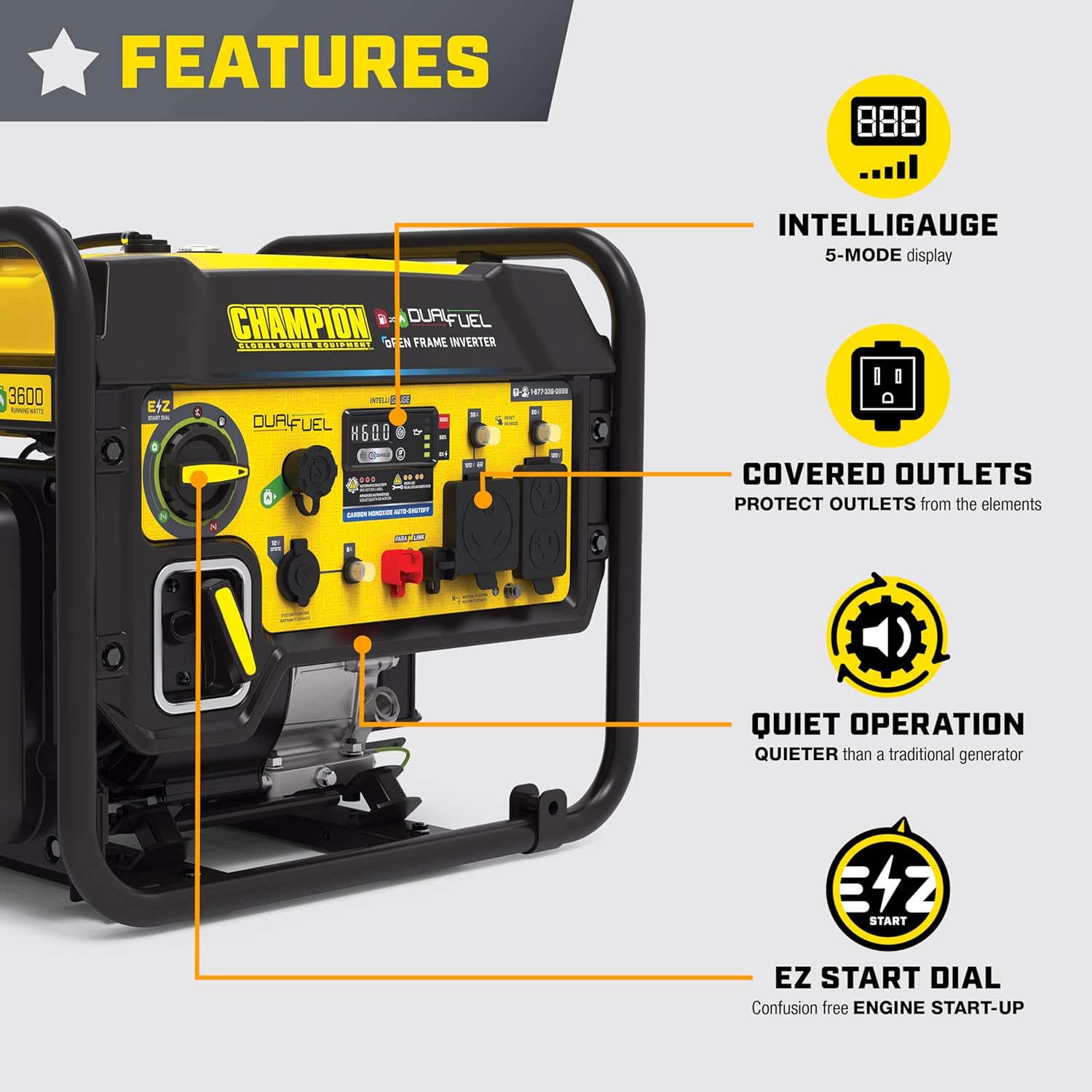 Champion Power Equipment 5500-Watt Dual Fuel RV Ready Portable Open Frame Inverter Generator with Quiet Technology and Free 3-Year Warranty, CARB Compliant Gronata