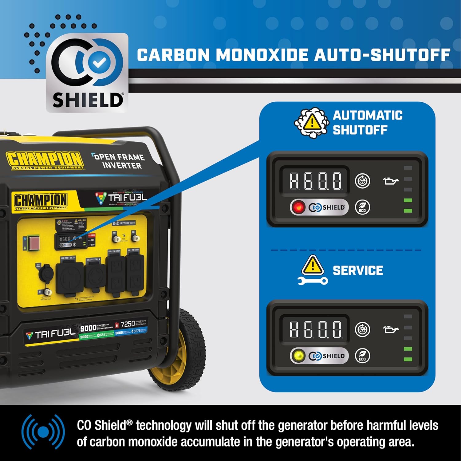 Champion Power Equipment 9000-Watt Electric Start Tri Fuel Home Backup Portable Open Frame Inverter Generator with Quiet Technology and CO Shield Gronata