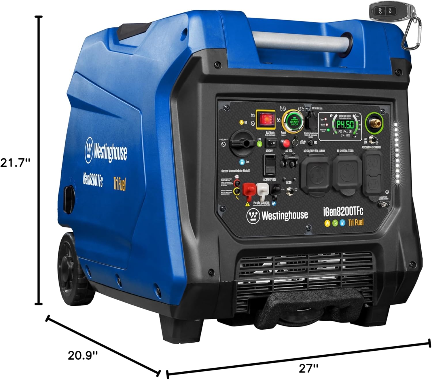 Westinghouse 8200 Peak Watt Tri-Fuel Portable Inverter Generator, Remote Electric Start, Transfer Switch Ready, Gas, Propane, Natural Gas, Low THD, Safe for Electronics, Parallel Capable, CO Sensor Gronata