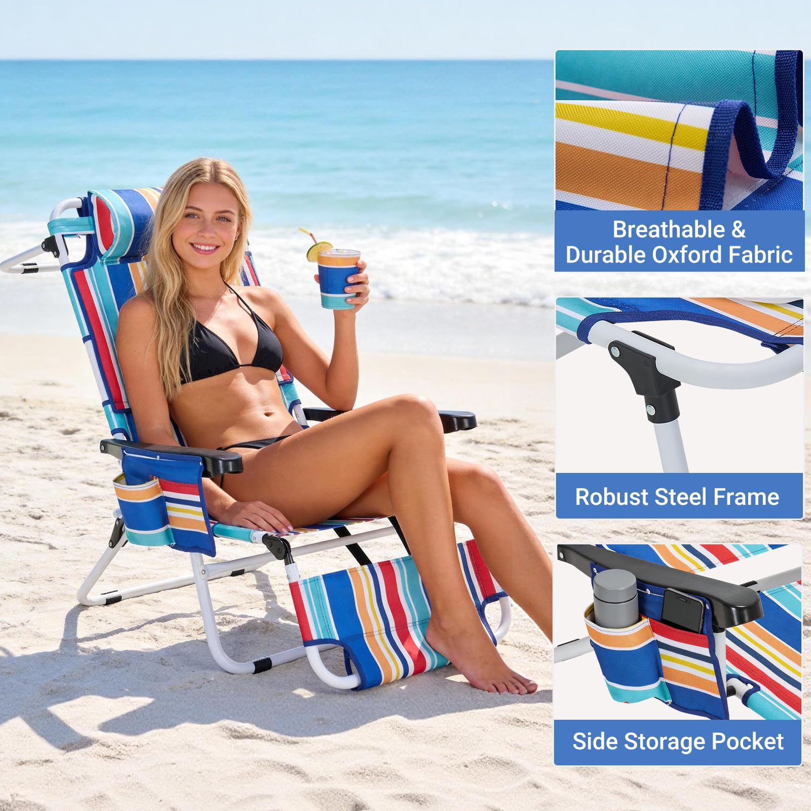 DoCred Heavy Duty Chaise Lounge Chair, Adjustable 5-Position Folding Chaise Lounge Chairs for Outside, Portable Lay Flat Beach Lounge Chair for Outdoor Sunbathing Beach Pool Lawn Camping Gronata