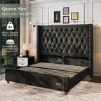 Jocisland Queen Size Bed Frame 61.4" Extra Tall Wingback Headboard Velvet Upholstered Deep Button Tufted Platform Bed with Solid Wood Legs & Wood Slats, No Box Spring Needed, Black Gronata
