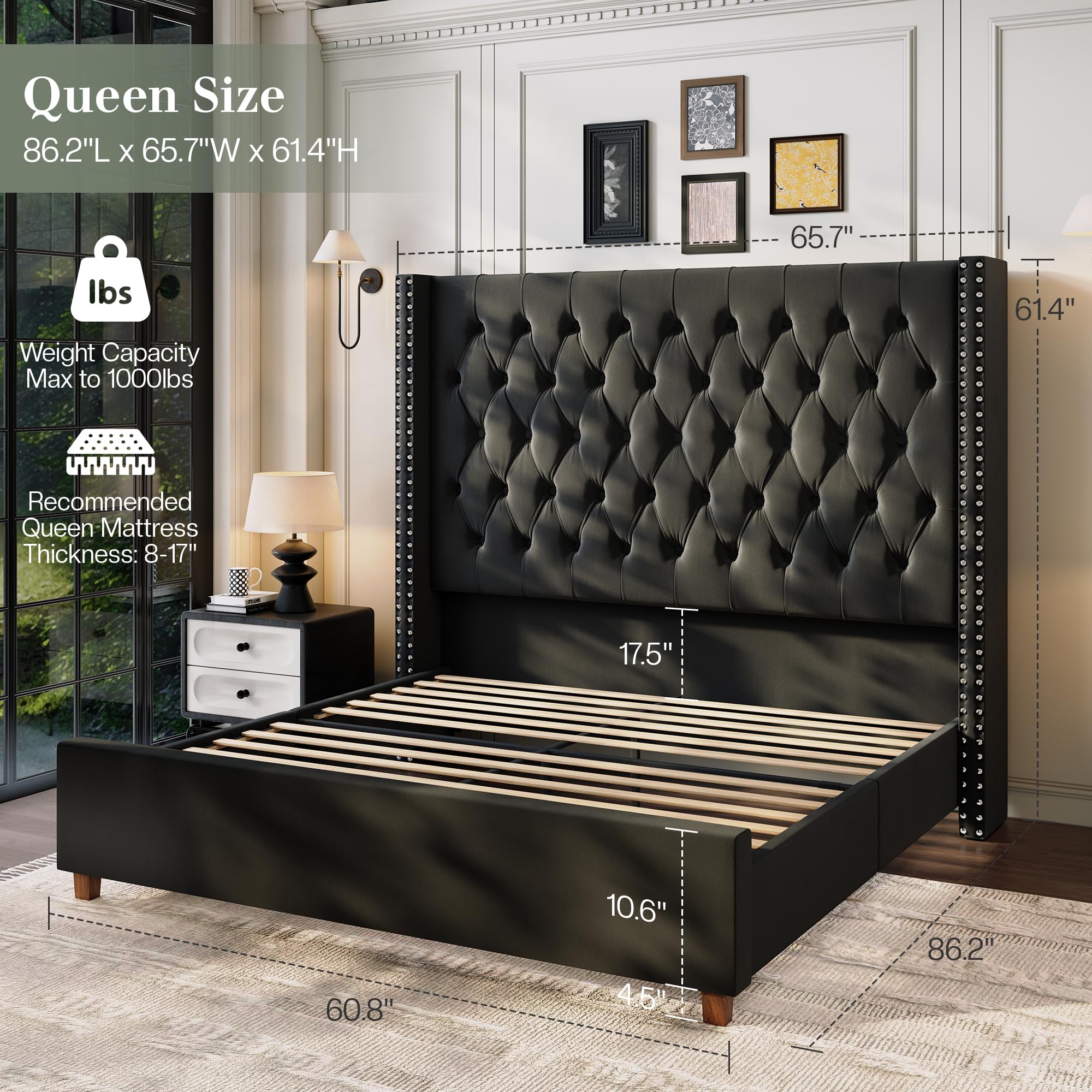Jocisland Queen Size Bed Frame 61.4" Extra Tall Wingback Headboard Velvet Upholstered Deep Button Tufted Platform Bed with Solid Wood Legs & Wood Slats, No Box Spring Needed, Black Gronata