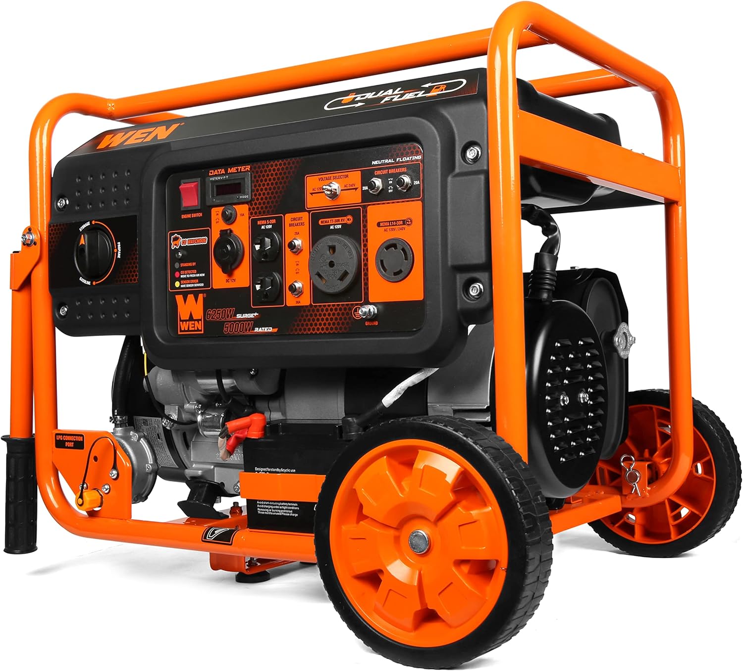 WEN DF623X 6250-Watt 120-Volt/240-Volt Dual Fuel Electric Start Portable Generator with Wheel Kit and CO Shutdown Sensor, Black Gronata