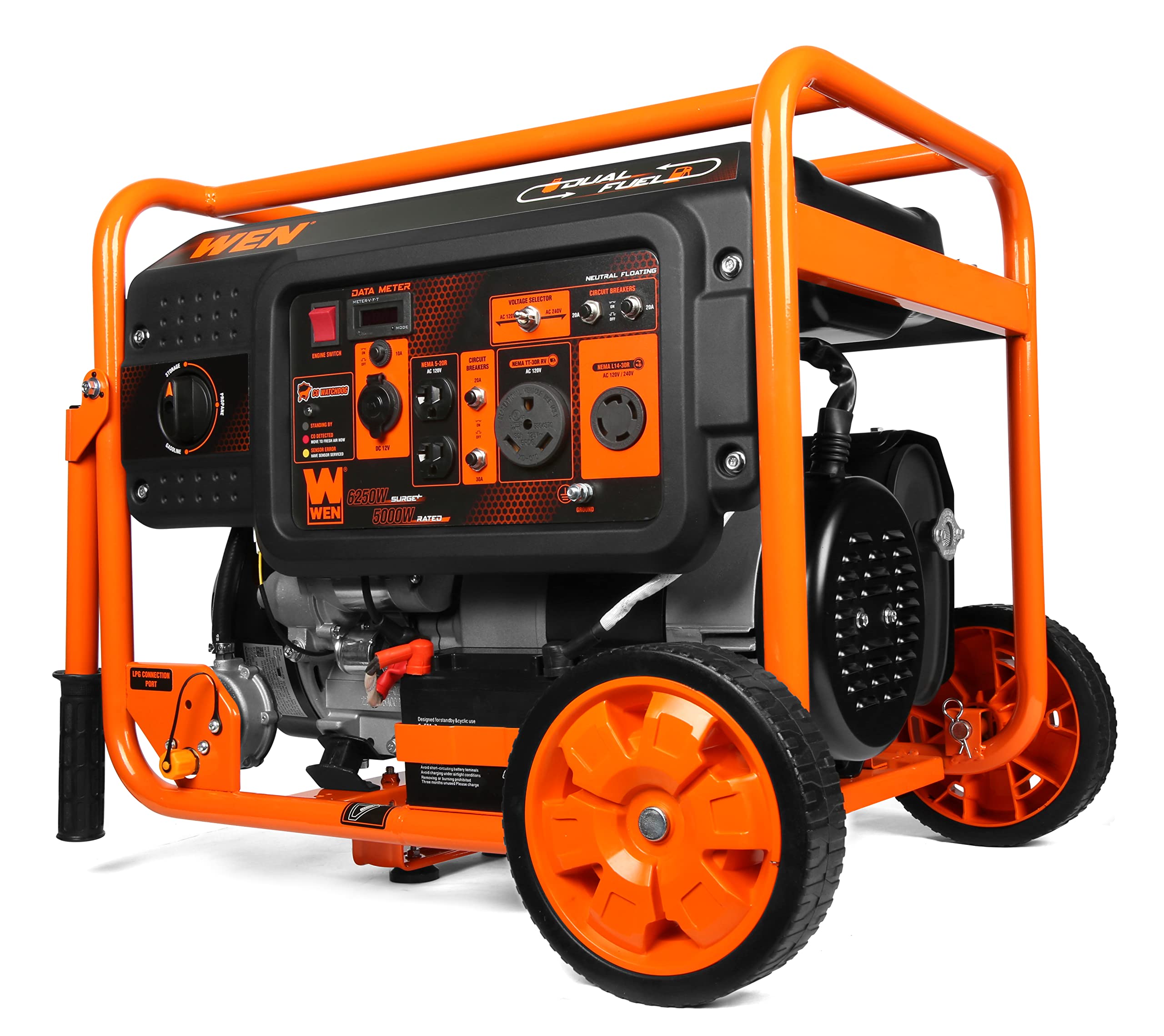 WEN DF623X 6250-Watt 120-Volt/240-Volt Dual Fuel Electric Start Portable Generator with Wheel Kit and CO Shutdown Sensor, Black Gronata