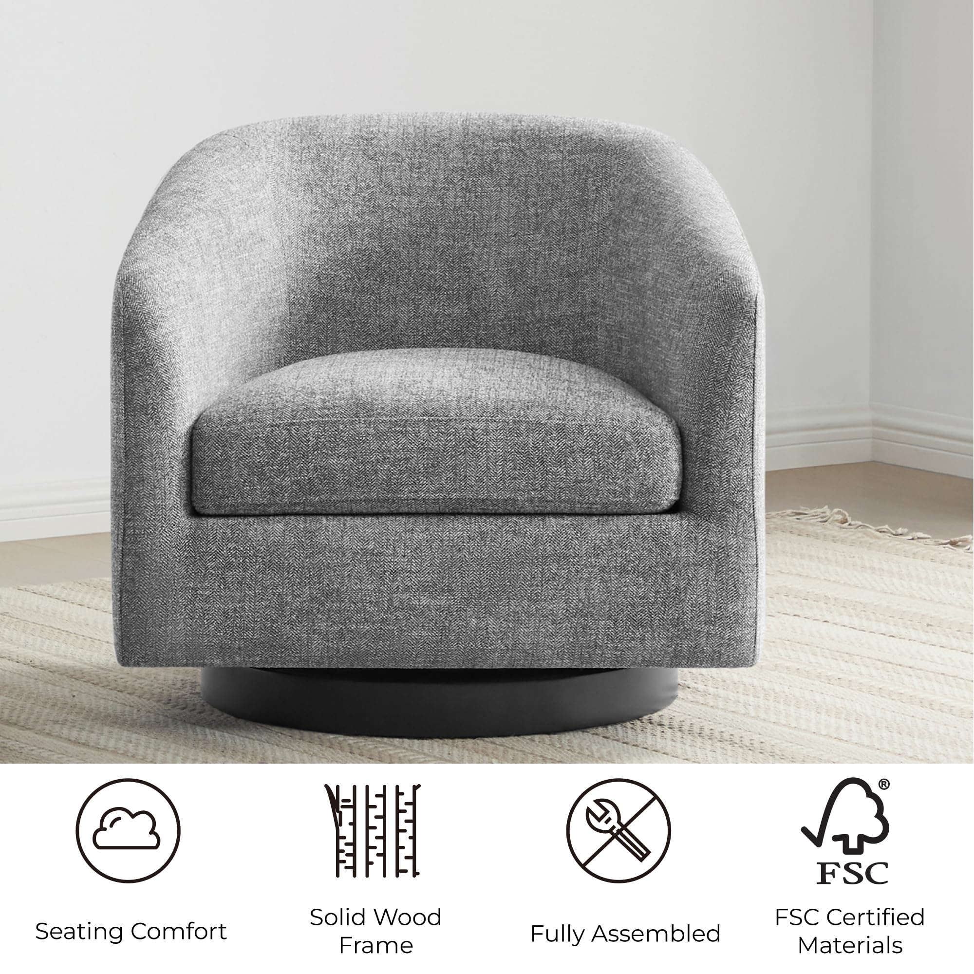 CHITA Swivel Accent Chair, Fully Assembled Fabric Barrel Armchair with FSC Certified Upholstered for Living Room, Bedroom and Office, Cream Gronata