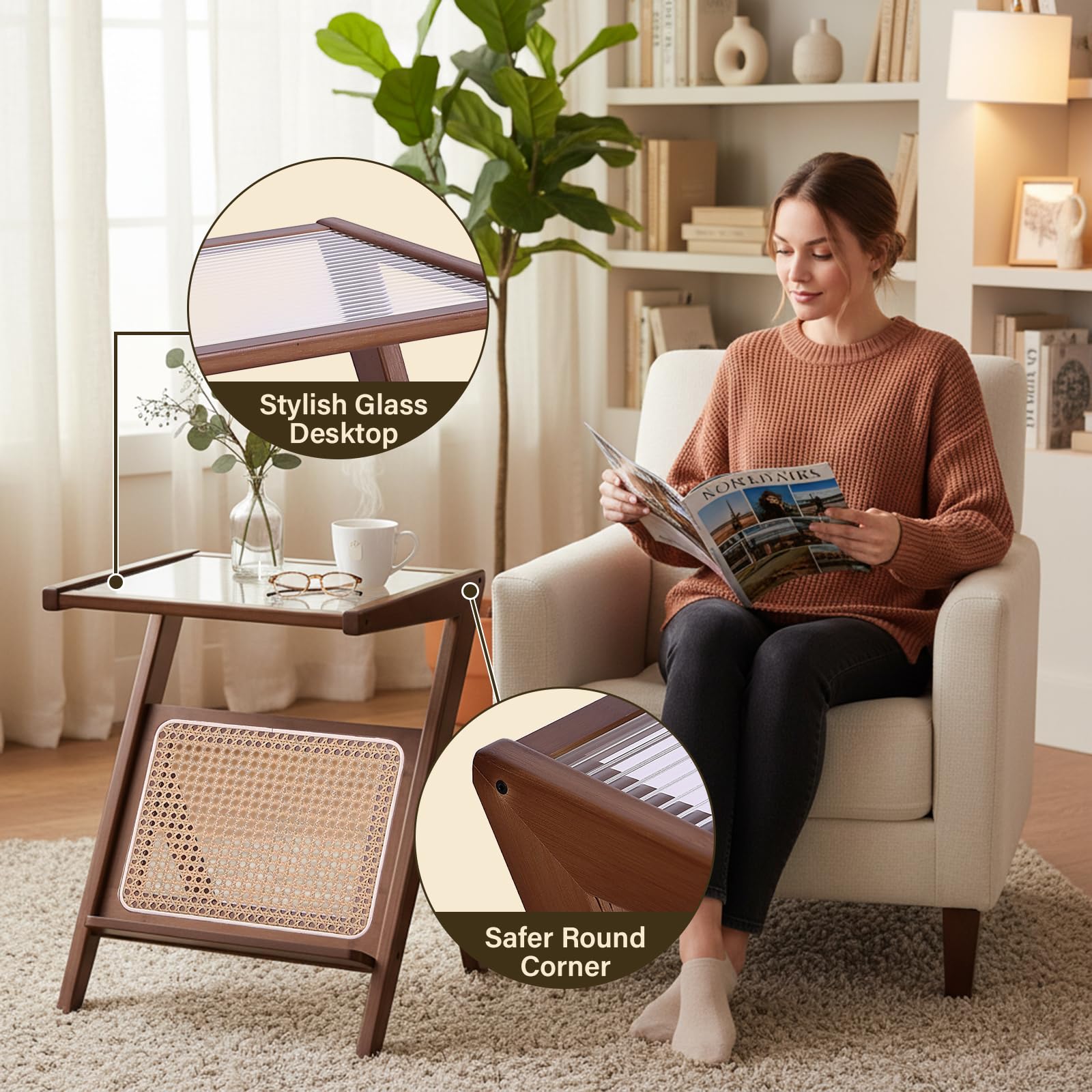 Tiita Rattan Coffee Table, Bamboo Accent Bedside Tables, Glass Nightstand Side Table, Boho Wooden End Table with Storage for Living Room,Living Room, Dining Room, Tea, Home Décor Gronata