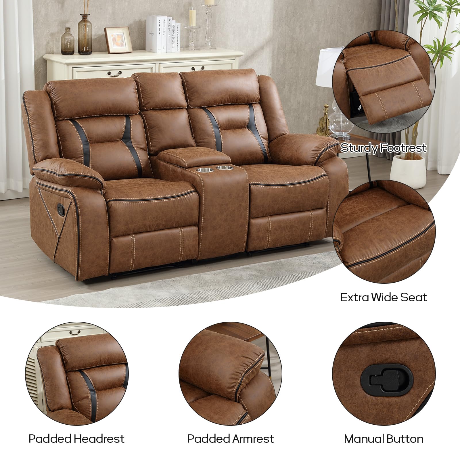 EBELLO Faux Leather Recliner Sofa Furniture Set for Living Room, 2 Recliner Chairs, 3 Seat Reclining Sofa Couch Set for Meeting Room, Brown Gronata
