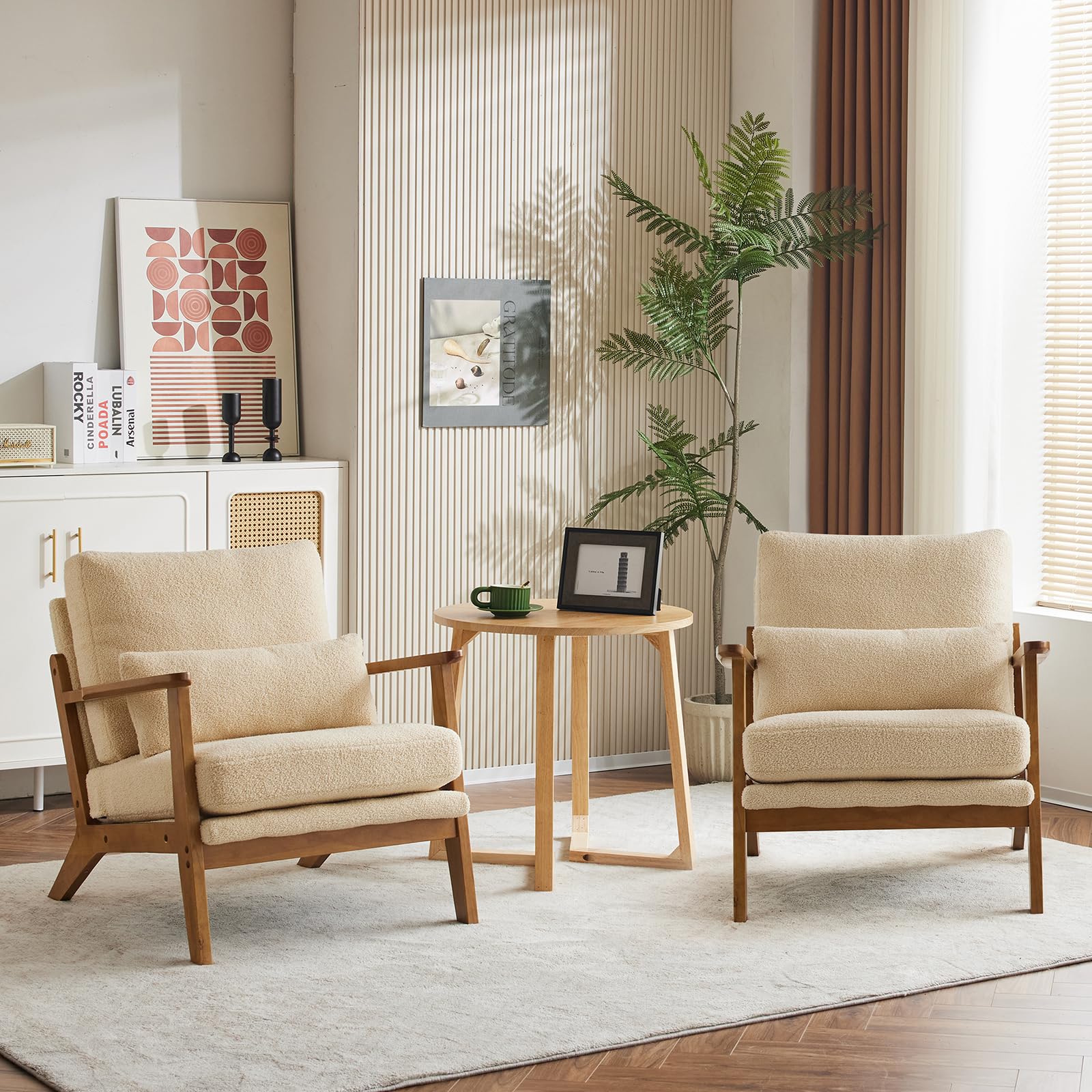Karl home Accent Chair Wide Armrest Mid-Century Lounge Chair Linen Fabric Armchair with Lumbar Pillow & Solid Wood Frame for Living Room, Bedroom, Balcony, Green Gronata
