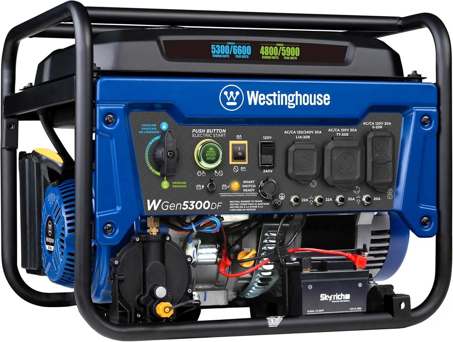 Westinghouse WGen5300DF Dual Fuel Home Backup Portable Generator, 6600 Watts, Remote Electric Start with Auto Choke, Transfer Switch Ready, RV Ready Gronata