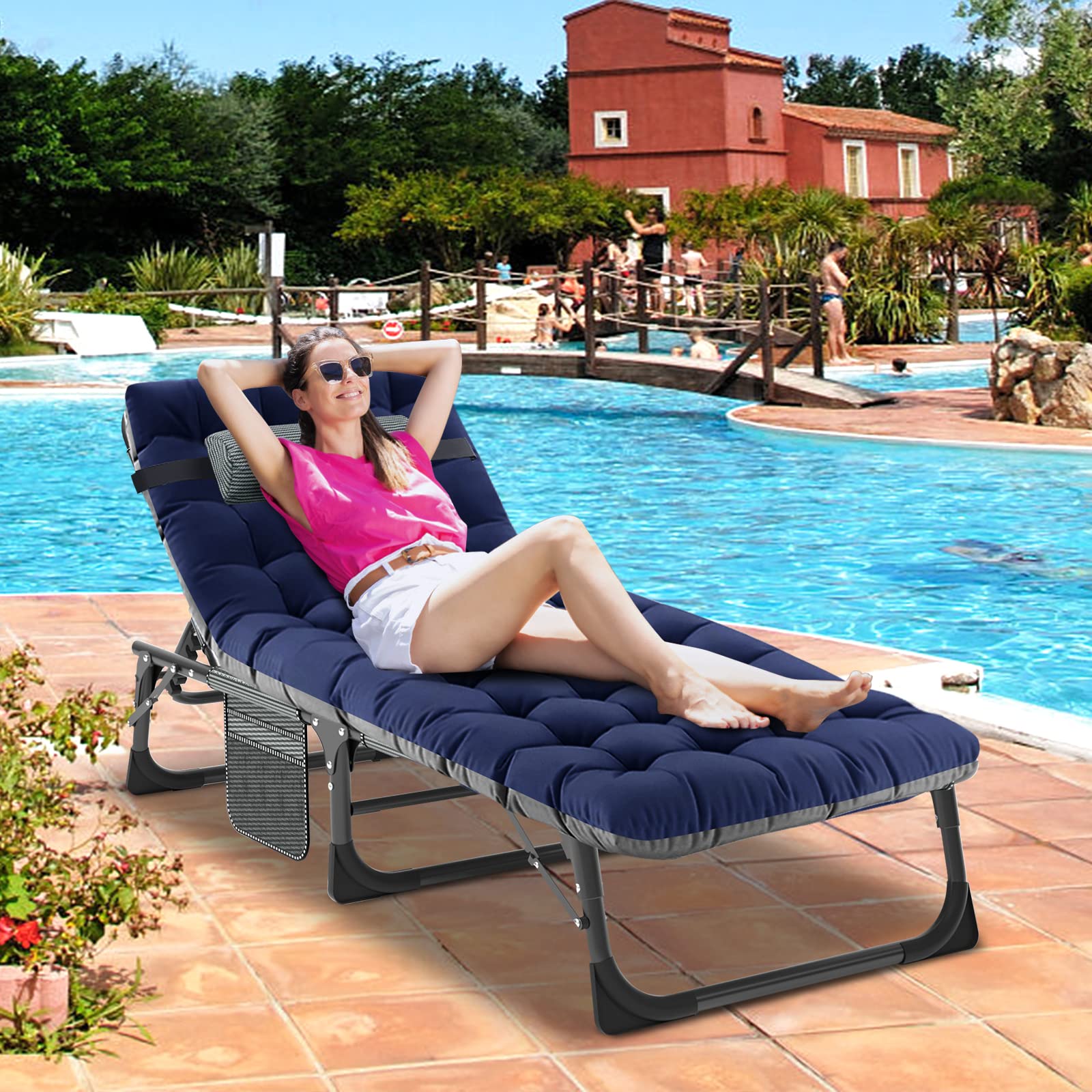 DoCred Heavy Duty Chaise Lounge Chair, Adjustable 5-Position Folding Chaise Lounge Chairs for Outside, Portable Lay Flat Beach Lounge Chair for Outdoor Sunbathing Beach Pool Lawn Camping Gronata