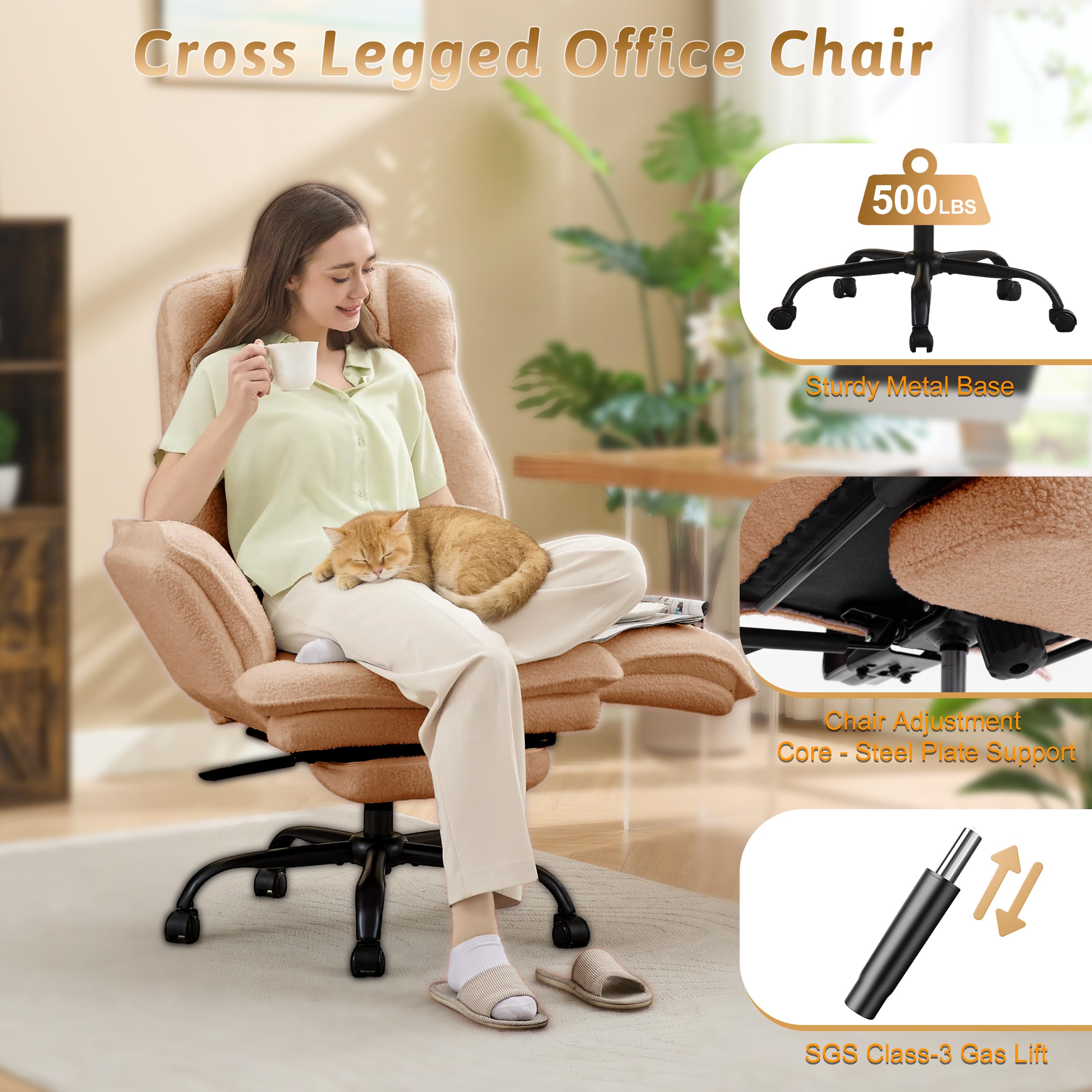 Office Chair,Big and Tall Heavy-Duty Executive Reclining Computer Gaming Chair with Footrest,Flip Armrests,Lumbar Pillow&Thicken Wider Seat for Criss Cross Legged Desk Vanity Chair,Teddy Fabric White Gronata