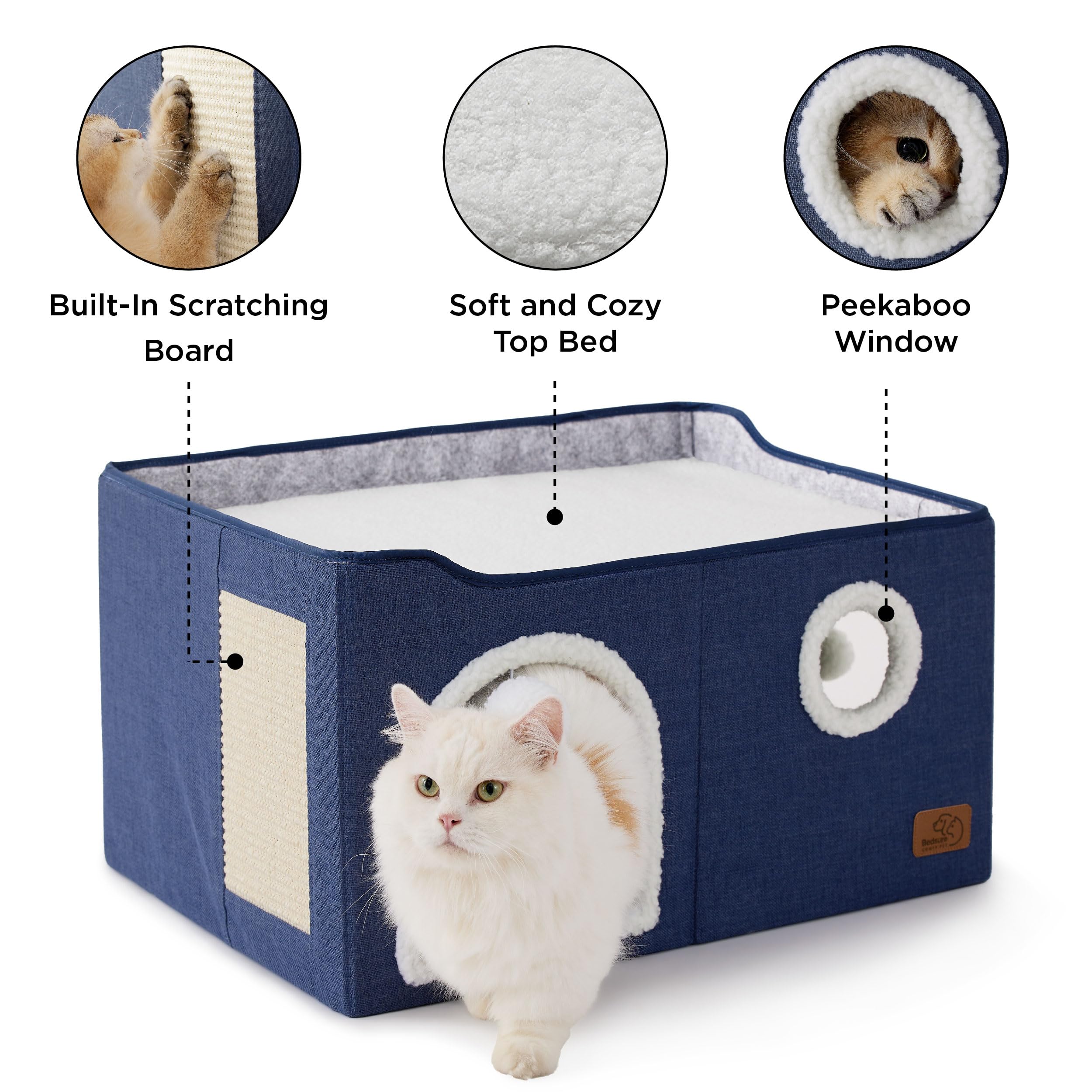 Bedsure Cat Beds for Indoor Cats - Large Cat Cave for Pet Cat House with Fluffy Ball Hanging and Scratch Pad, Foldable Cat Hideaway, 16.5x16.5x13 inches, Grey Gronata