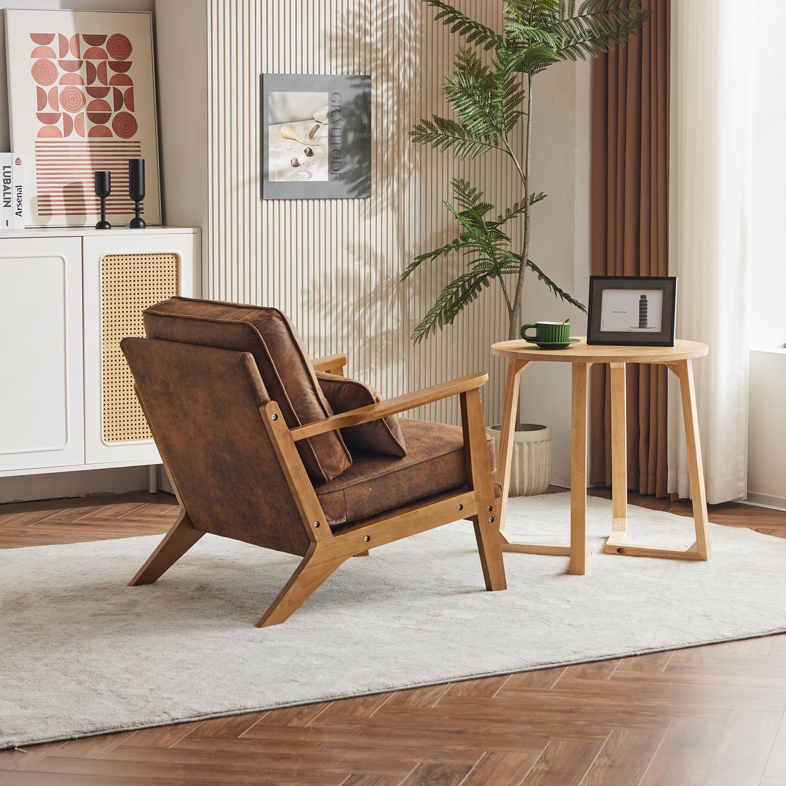 Karl home Accent Chair Wide Armrest Mid-Century Lounge Chair Linen Fabric Armchair with Lumbar Pillow & Solid Wood Frame for Living Room, Bedroom, Balcony, Green Gronata