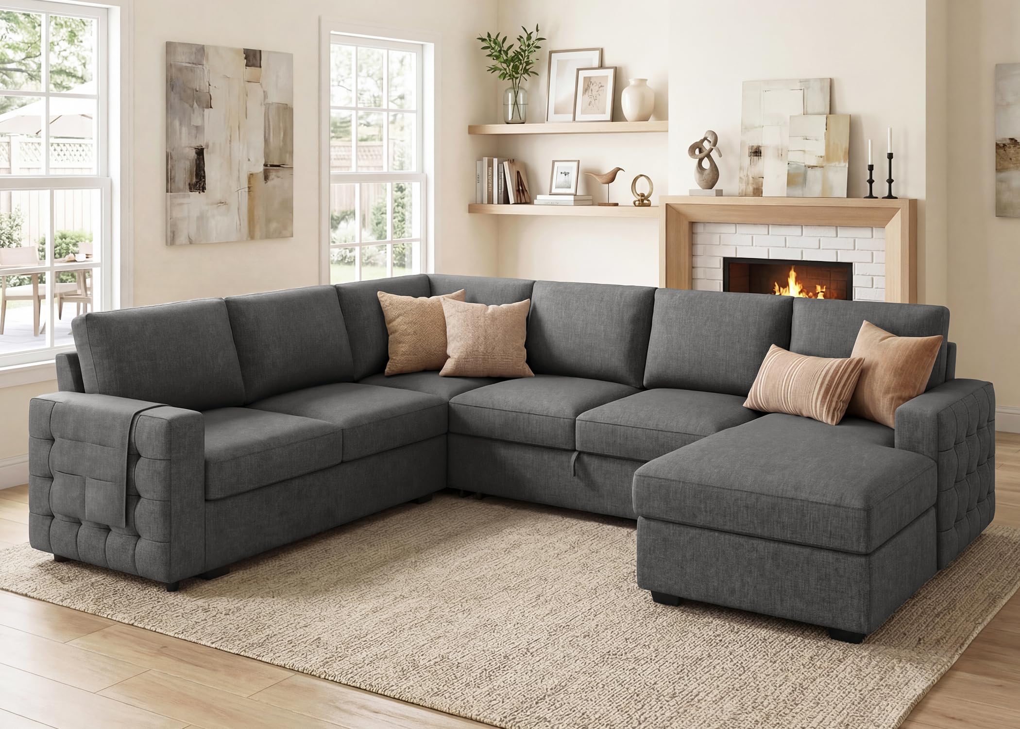 HONBAY Sectional Sleeper Sofa with Pull Out Bed U-Shape Sectional Couch Sleeper Bed with Storage Chaise 6 Seater Sleeper Sectional Sofa, Light Grey Gronata