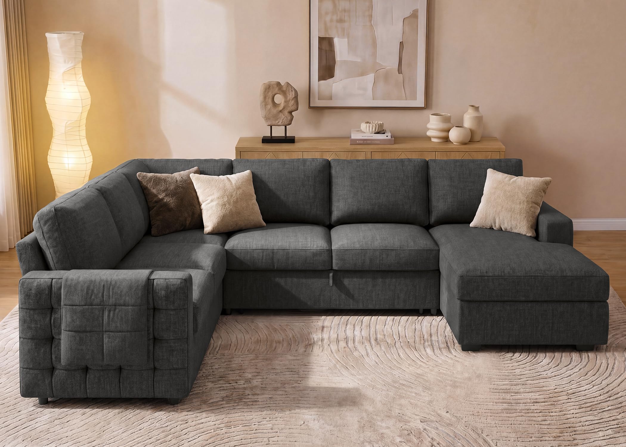HONBAY Sectional Sleeper Sofa with Pull Out Bed U-Shape Sectional Couch Sleeper Bed with Storage Chaise 6 Seater Sleeper Sectional Sofa, Light Grey Gronata