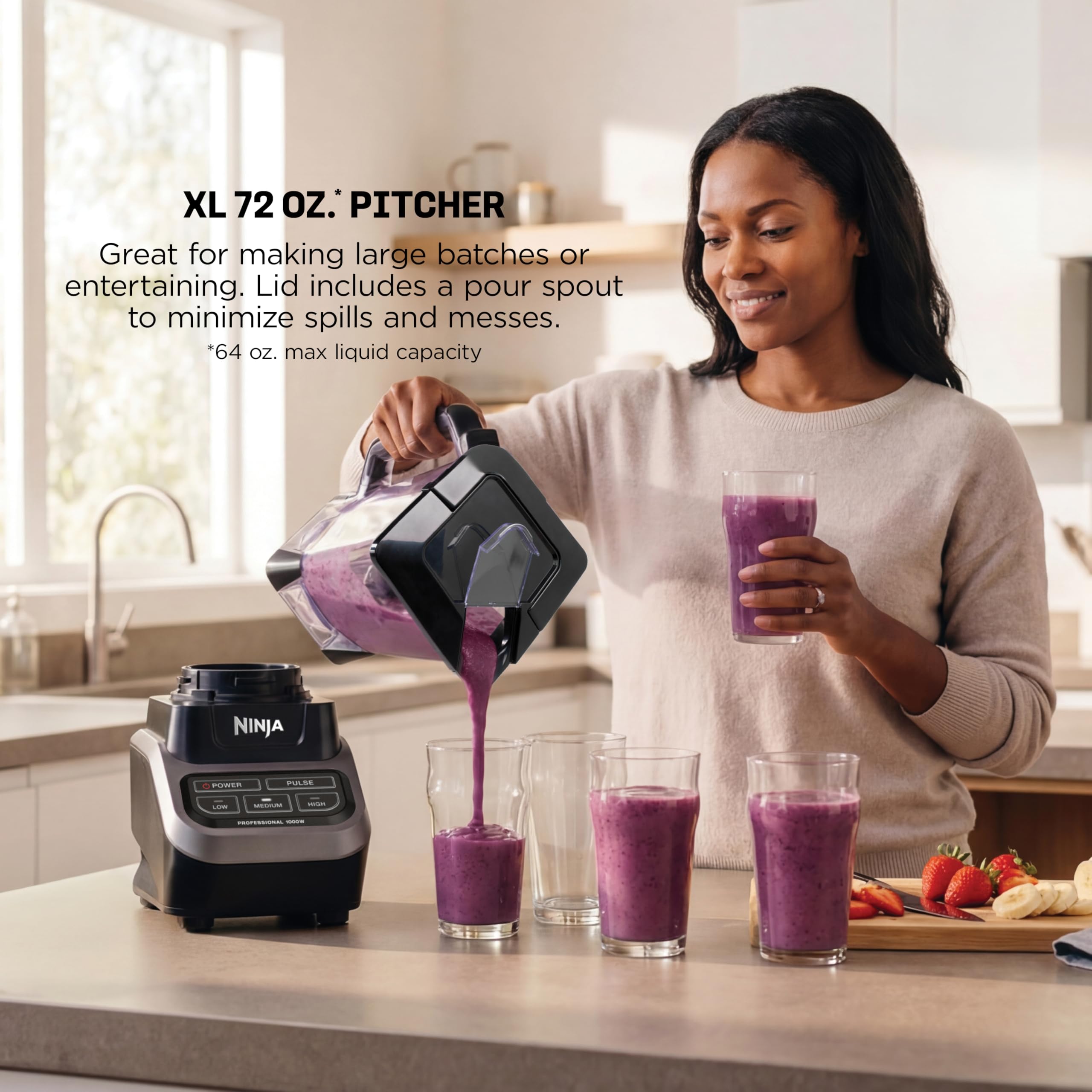 Ninja Professional Blender | Smoothie Blending, Drink Mixer, Grinder, Ice Crusher, Frozen Fruit Blending | 1000W Power, Total Crushing Technology, XL 72-oz. Pitcher | Black & Grey | BL610 Gronata