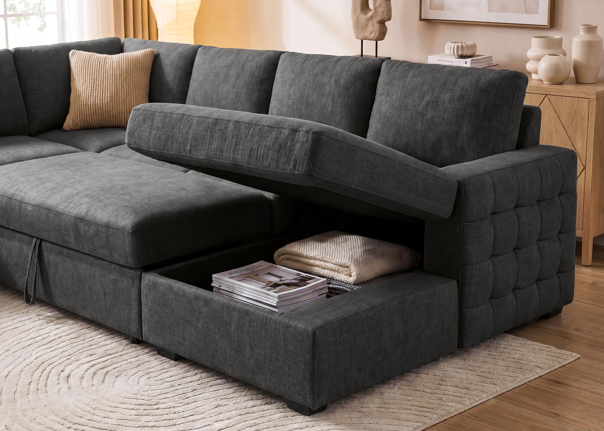 HONBAY Sectional Sleeper Sofa with Pull Out Bed U-Shape Sectional Couch Sleeper Bed with Storage Chaise 6 Seater Sleeper Sectional Sofa, Light Grey Gronata