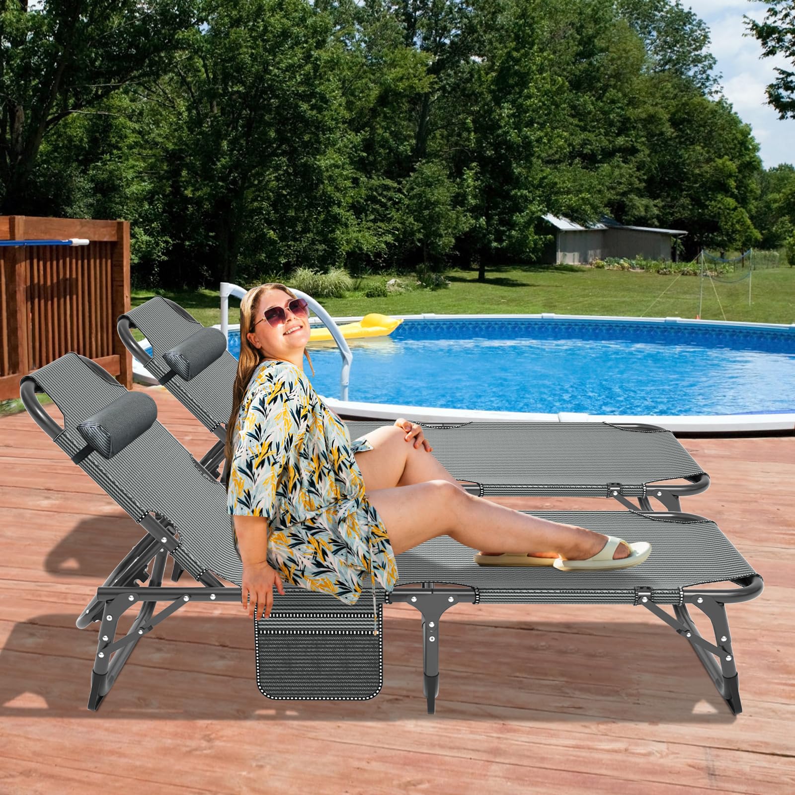 DoCred Heavy Duty Chaise Lounge Chair, Adjustable 5-Position Folding Chaise Lounge Chairs for Outside, Portable Lay Flat Beach Lounge Chair for Outdoor Sunbathing Beach Pool Lawn Camping Gronata