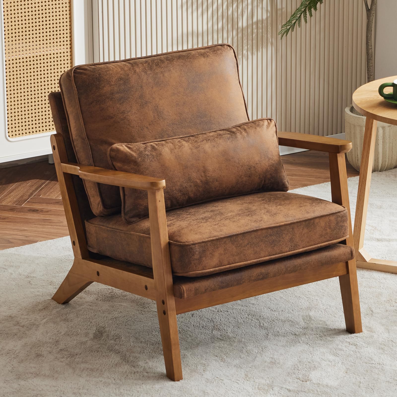 Karl home Accent Chair Wide Armrest Mid-Century Lounge Chair Linen Fabric Armchair with Lumbar Pillow & Solid Wood Frame for Living Room, Bedroom, Balcony, Green Gronata