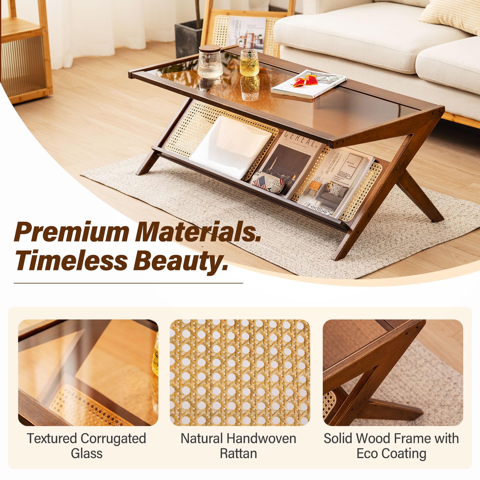Tiita Rattan Coffee Table, Bamboo Accent Bedside Tables, Glass Nightstand Side Table, Boho Wooden End Table with Storage for Living Room,Living Room, Dining Room, Tea, Home Décor Gronata