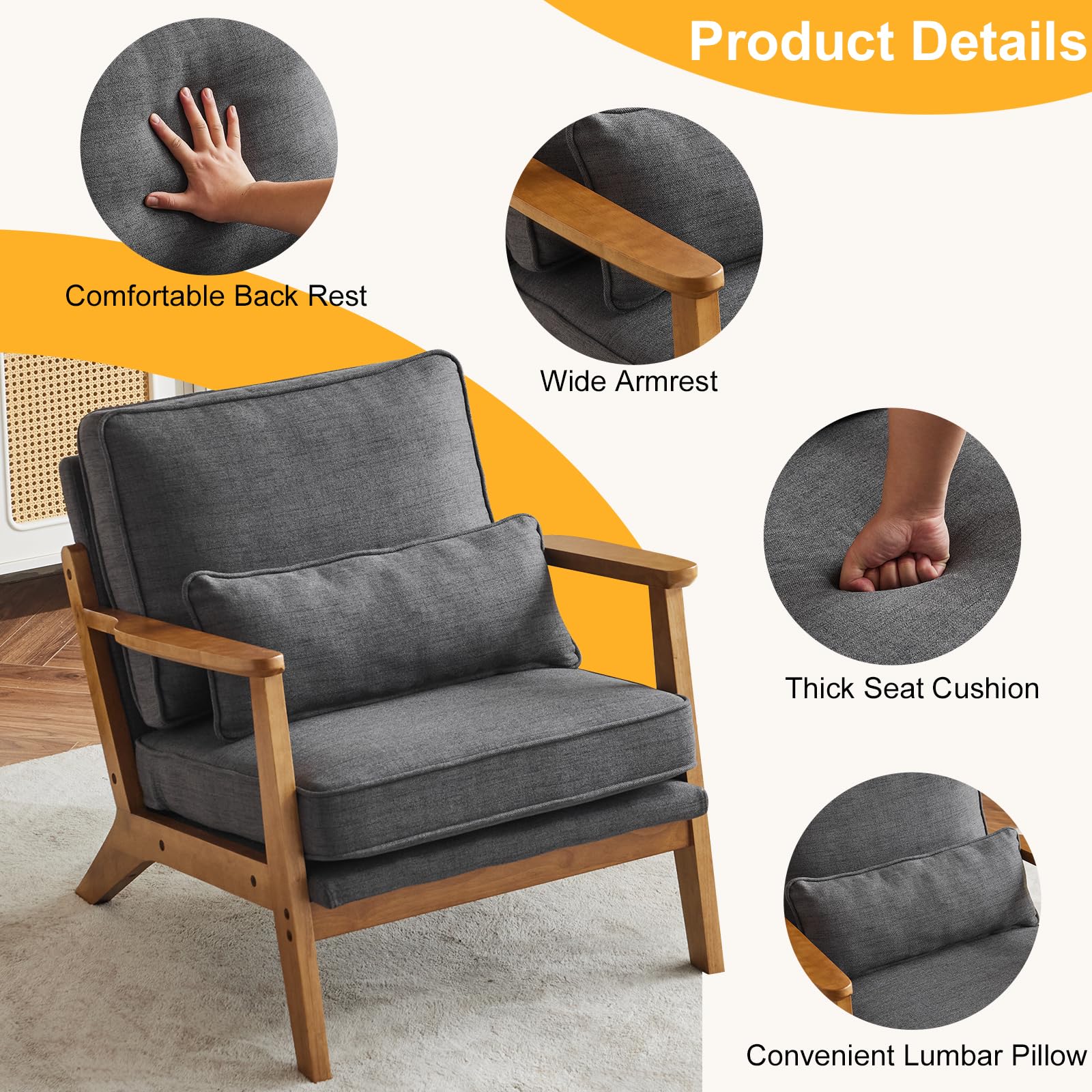 Karl home Accent Chair Wide Armrest Mid-Century Lounge Chair Linen Fabric Armchair with Lumbar Pillow & Solid Wood Frame for Living Room, Bedroom, Balcony, Green Gronata