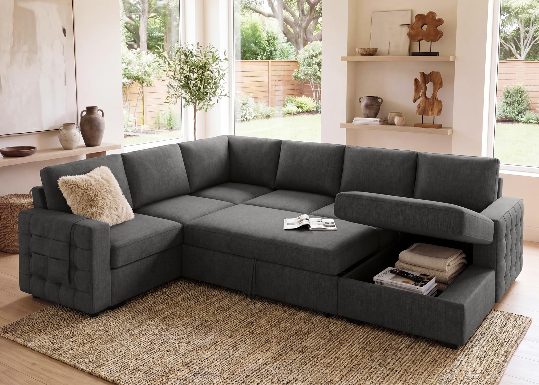 HONBAY Sectional Sleeper Sofa with Pull Out Bed U-Shape Sectional Couch Sleeper Bed with Storage Chaise 6 Seater Sleeper Sectional Sofa, Light Grey Gronata