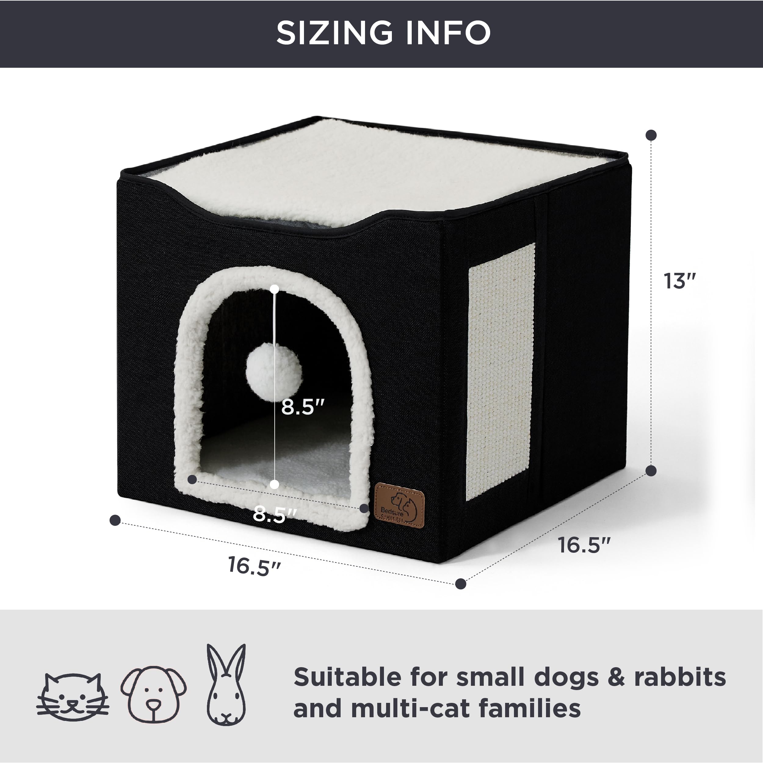Bedsure Cat Beds for Indoor Cats - Large Cat Cave for Pet Cat House with Fluffy Ball Hanging and Scratch Pad, Foldable Cat Hideaway, 16.5x16.5x13 inches, Grey Gronata