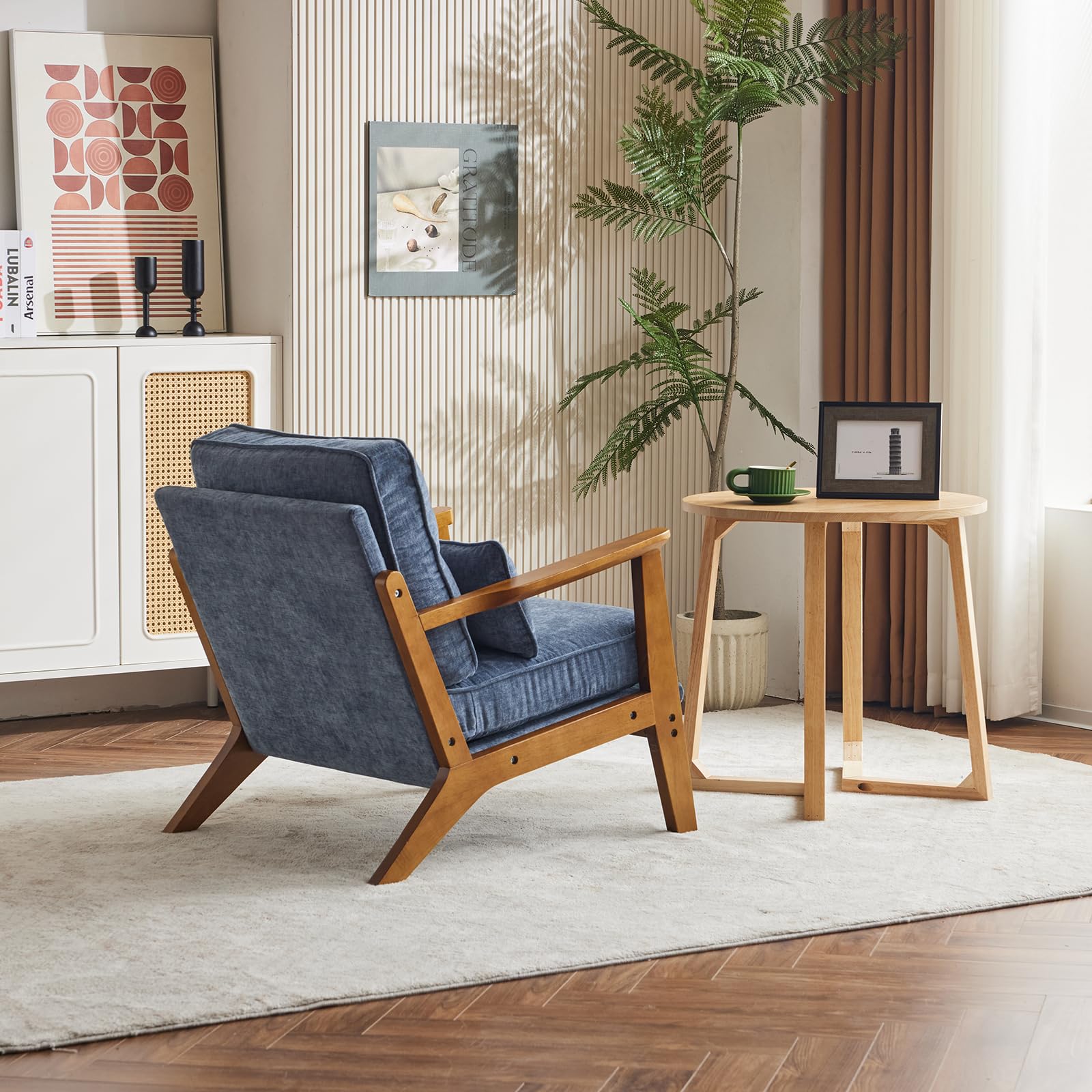 Karl home Accent Chair Wide Armrest Mid-Century Lounge Chair Linen Fabric Armchair with Lumbar Pillow & Solid Wood Frame for Living Room, Bedroom, Balcony, Green Gronata