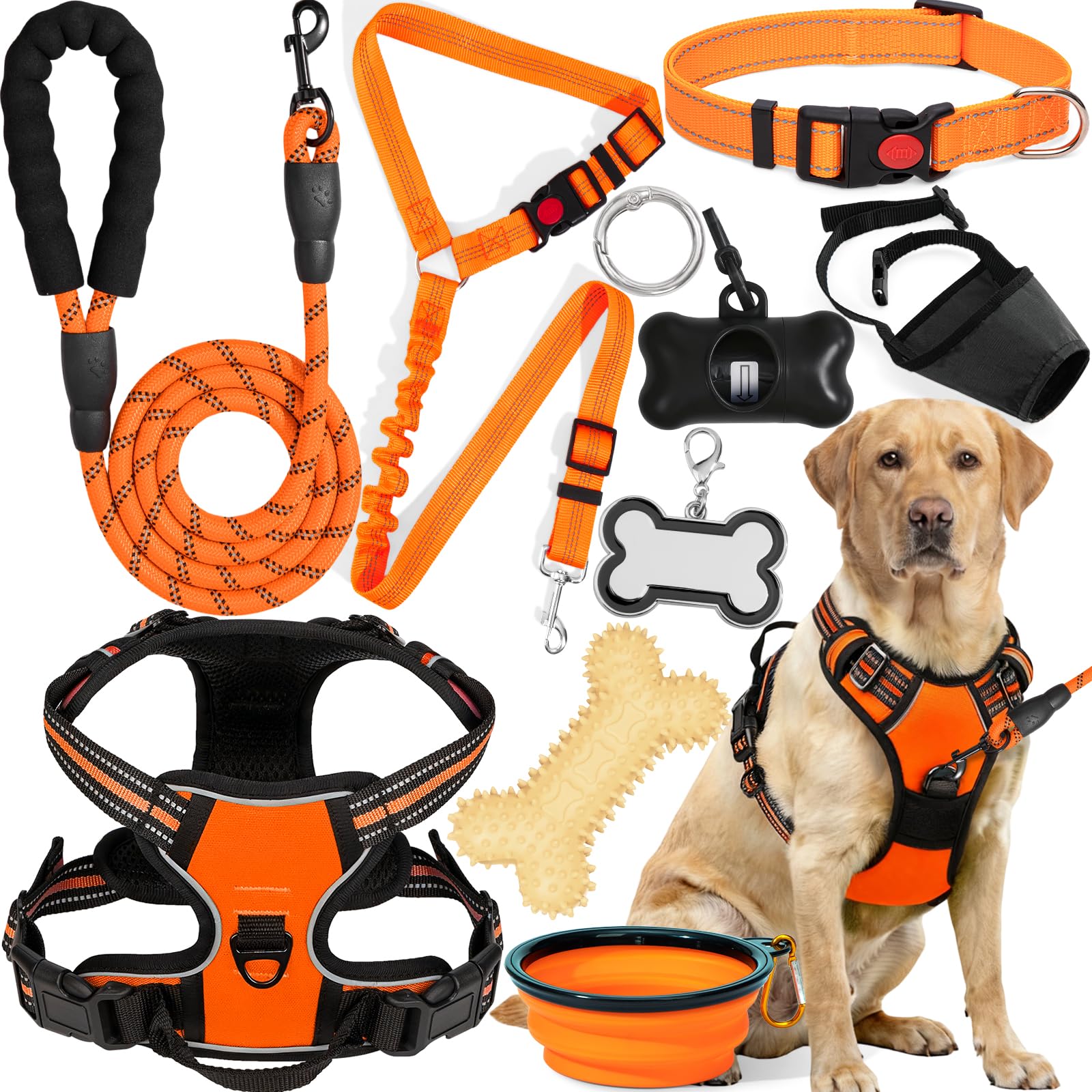 YXFDOYT No Pull Dog Harness Adjustable Collar & Leash Set - Dog Halter Harnesses Collapsible Bowls & Poop Bag Dispenser Muzzle ID Tags Toys Fits Small Medium Large Dogs (Pink-L) Gronata