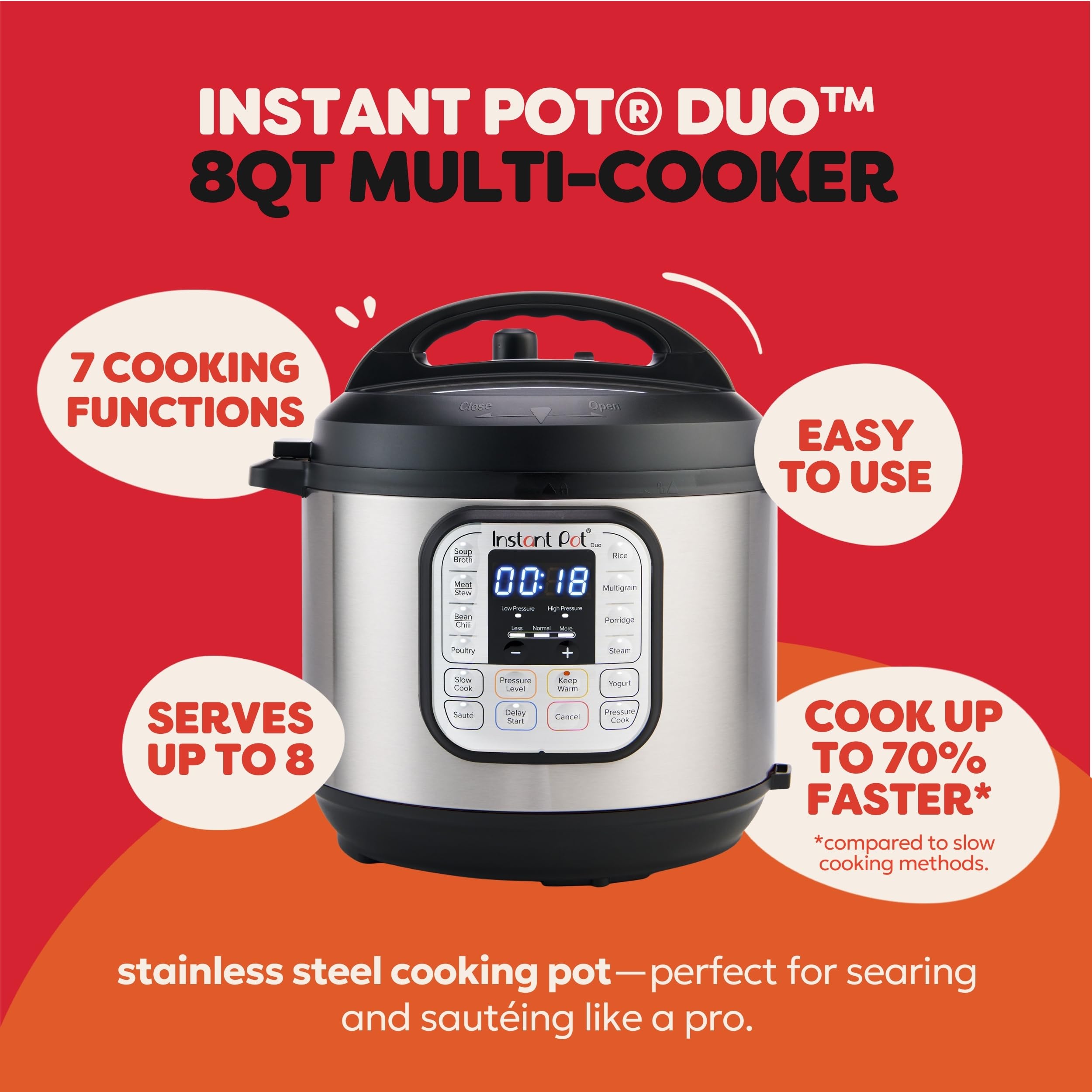 Instant Pot Duo 7-in-1 Electric Pressure Cooker, Slow Cooker, Rice, Steamer, Sauté, Yogurt Maker, Warmer & Sterilizer, Includes App With Over 800 Recipes, Stainless Steel, 6 Quart Gronata