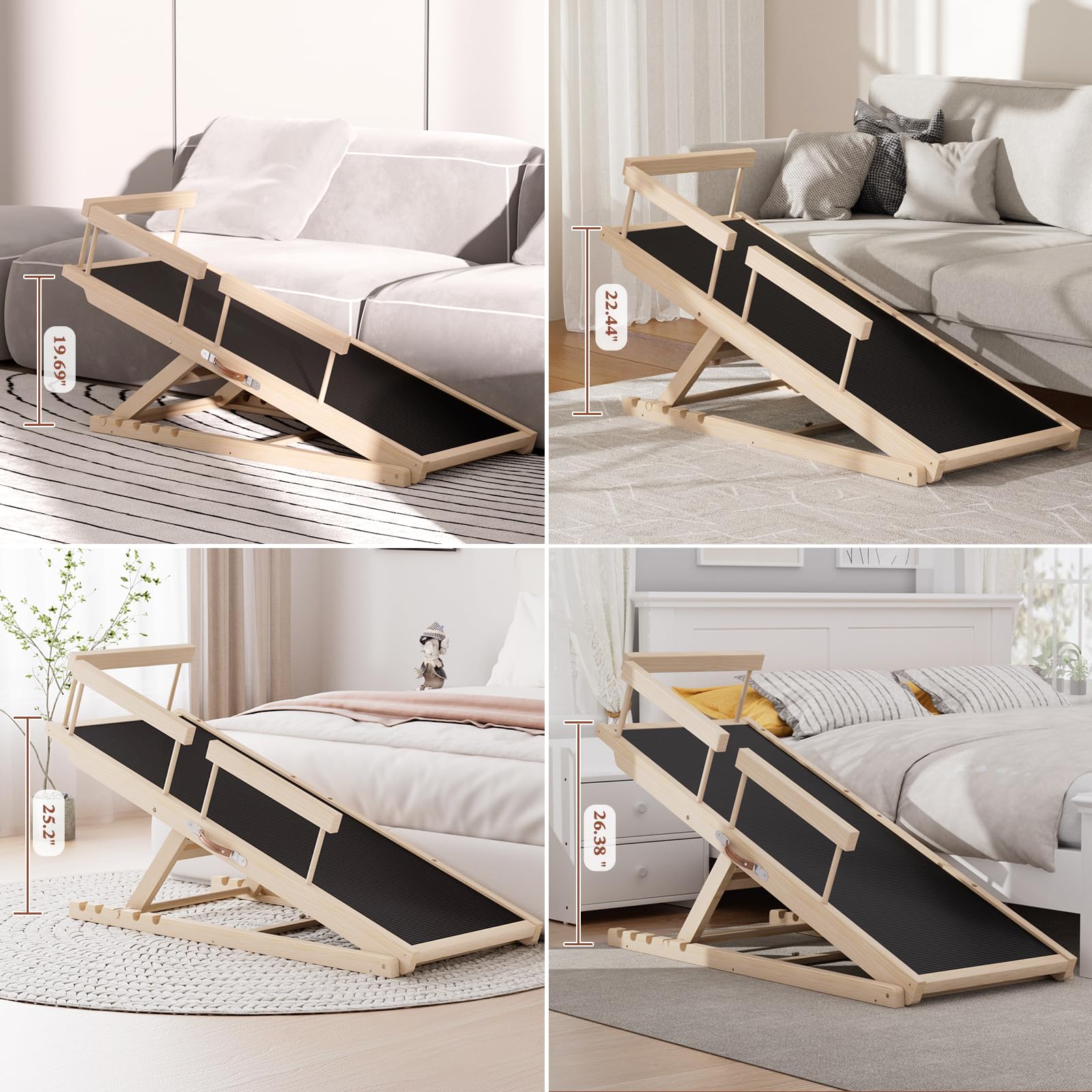 Chuiendi Dog Ramp for High Bed, Couch, Car, Pet Ramps 55.12" Long Adjustable 19.3"-27.17" Wooden Dog Step with Anti-slip Rubber Mat & Safety Side Rails for Small Medium Large Older Pets, up to 250 lbs Gronata