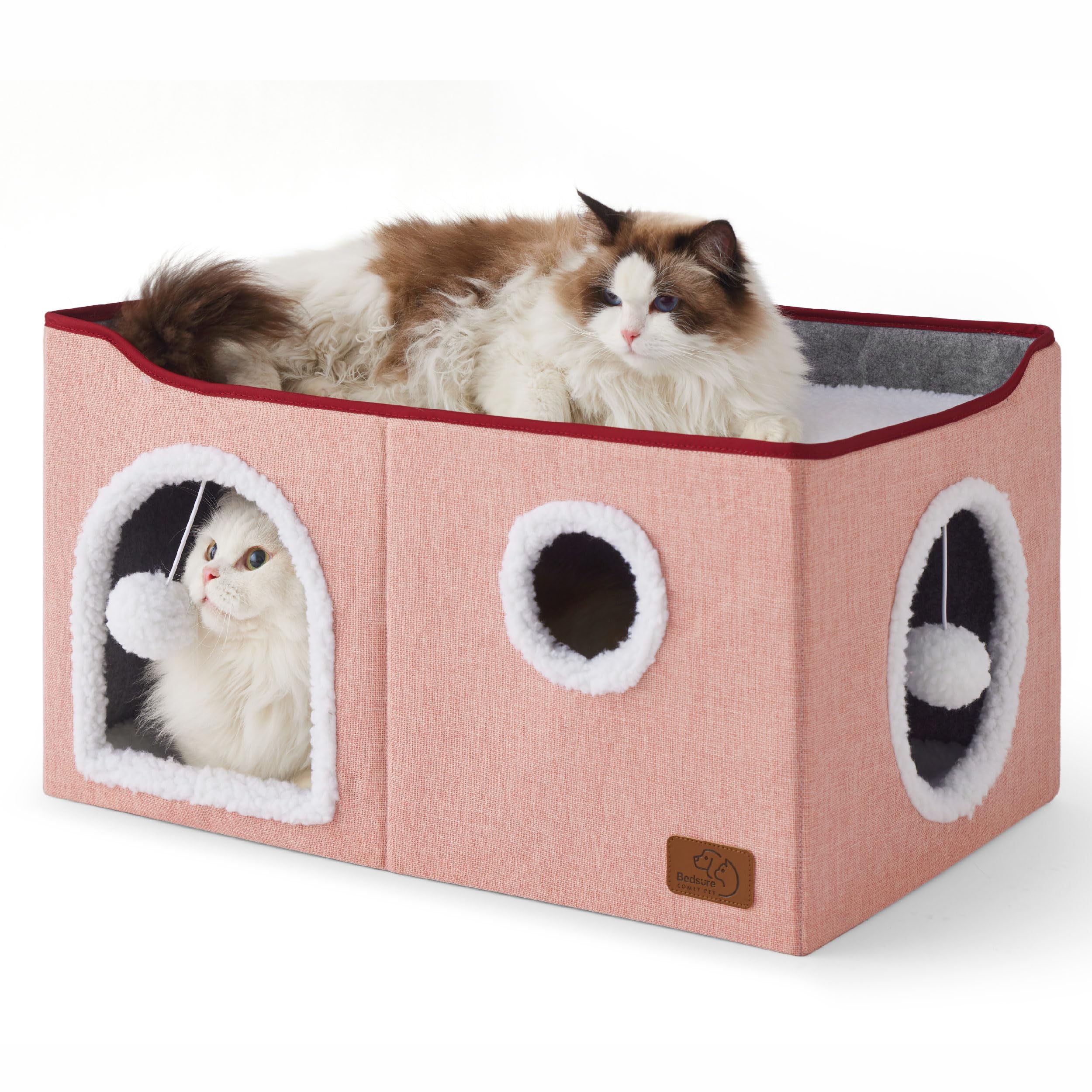 Bedsure Cat Beds for Indoor Cats - Large Cat Cave for Pet Cat House with Fluffy Ball Hanging and Scratch Pad, Foldable Cat Hideaway, 16.5x16.5x13 inches, Grey Gronata